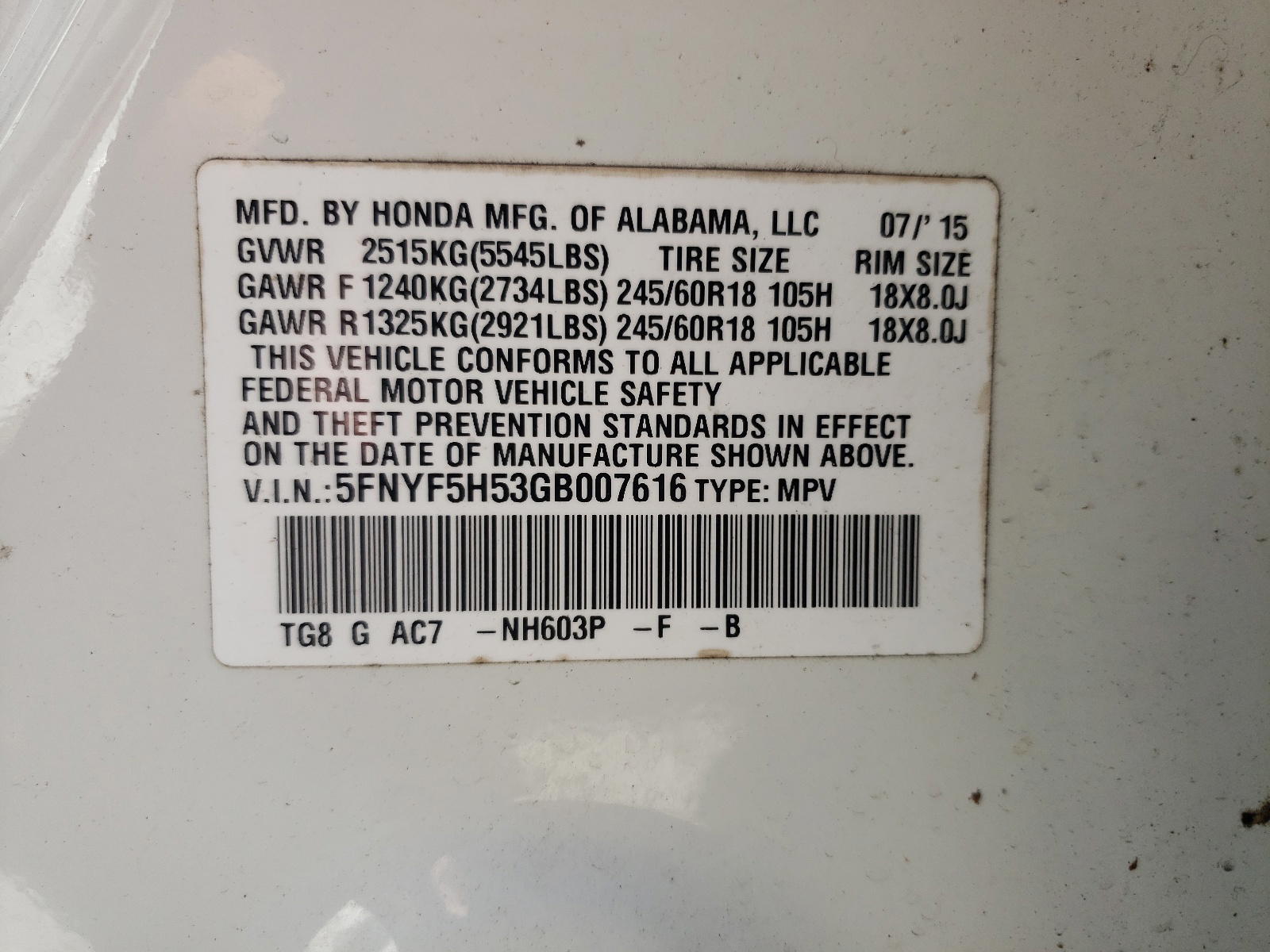 Photo 10 from auction – 2016 HONDA PILOT EXL with VIN 5FNYF5H53GB007616