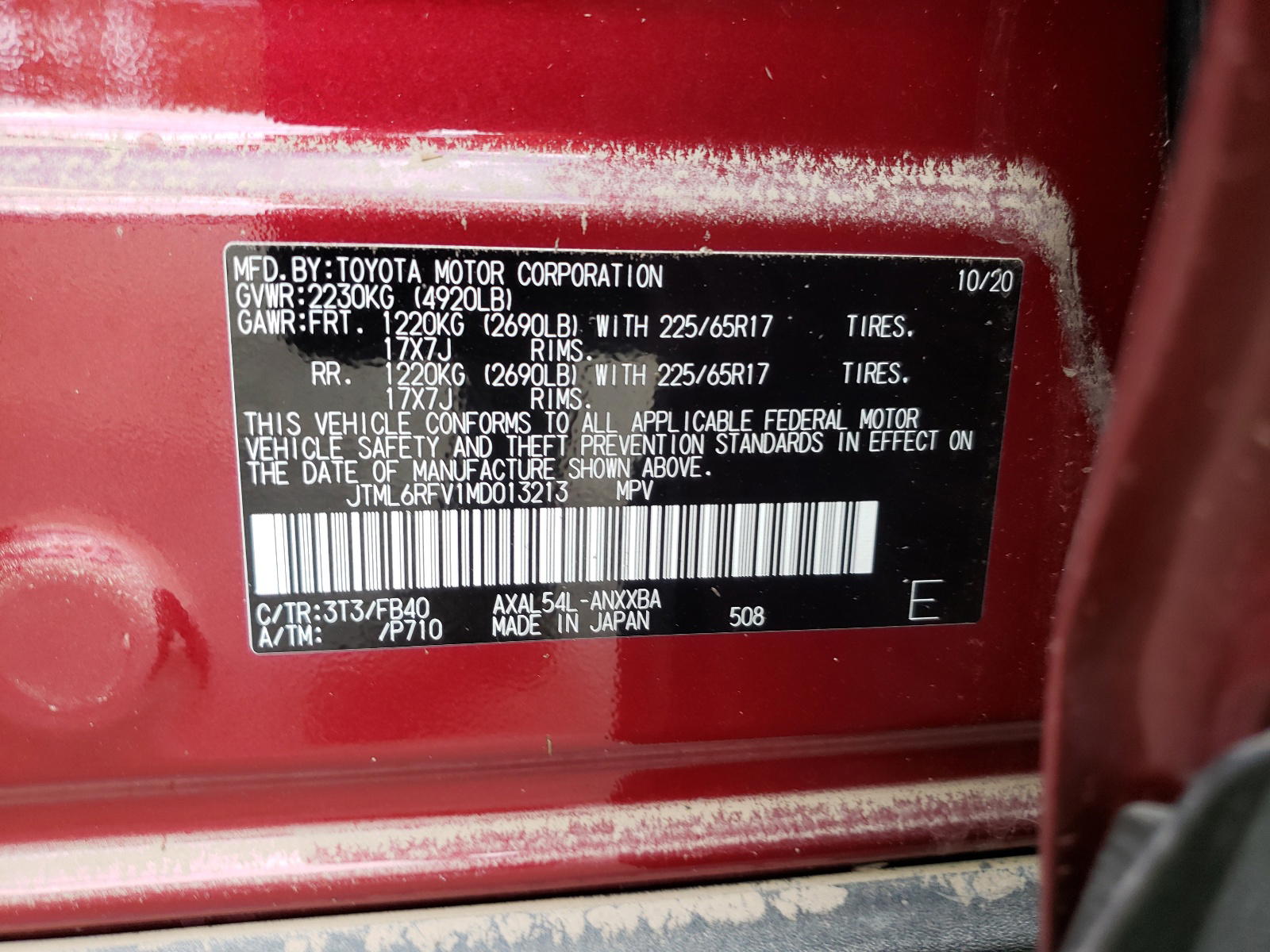 Photo 10 from auction – 2021 TOYOTA RAV4 LE with VIN JTML6RFV1MD013213
