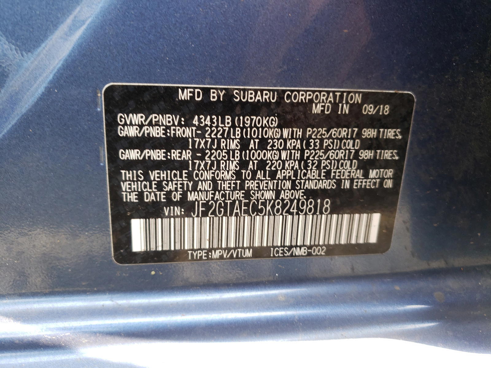 Photo 10 from auction – 2019 SUBARU CROSSTREK with VIN JF2GTAEC5K8249818