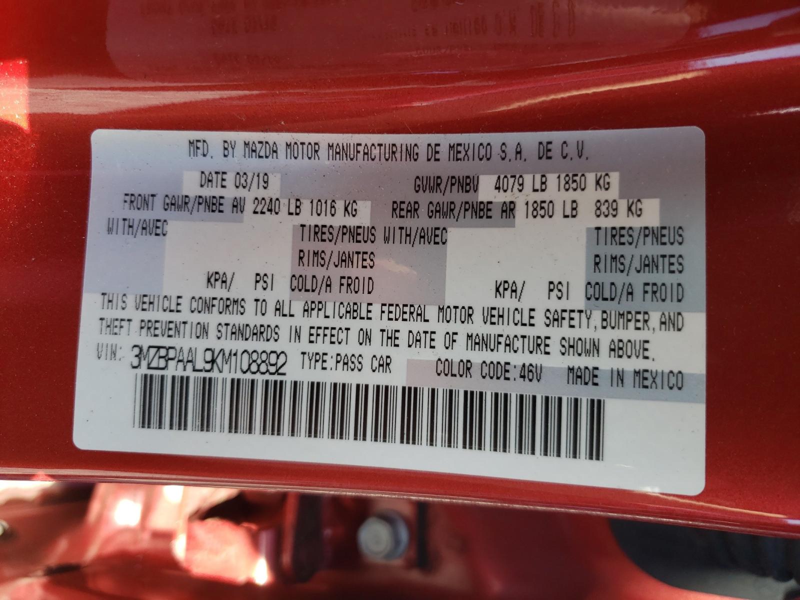 Photo 10 from auction – 2019 MAZDA 3 SELECT with VIN 3MZBPAAL9KM108892