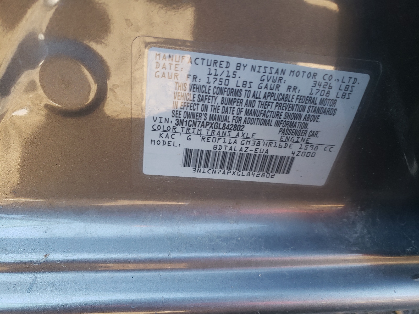 Photo 10 from auction – 2016 NISSAN VERSA S with VIN 3N1CN7APXGL842802