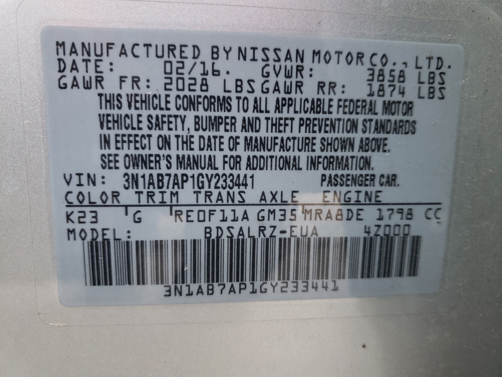 Photo 10 from auction – 2016 NISSAN SENTRA S with VIN 3N1AB7AP1GY233441