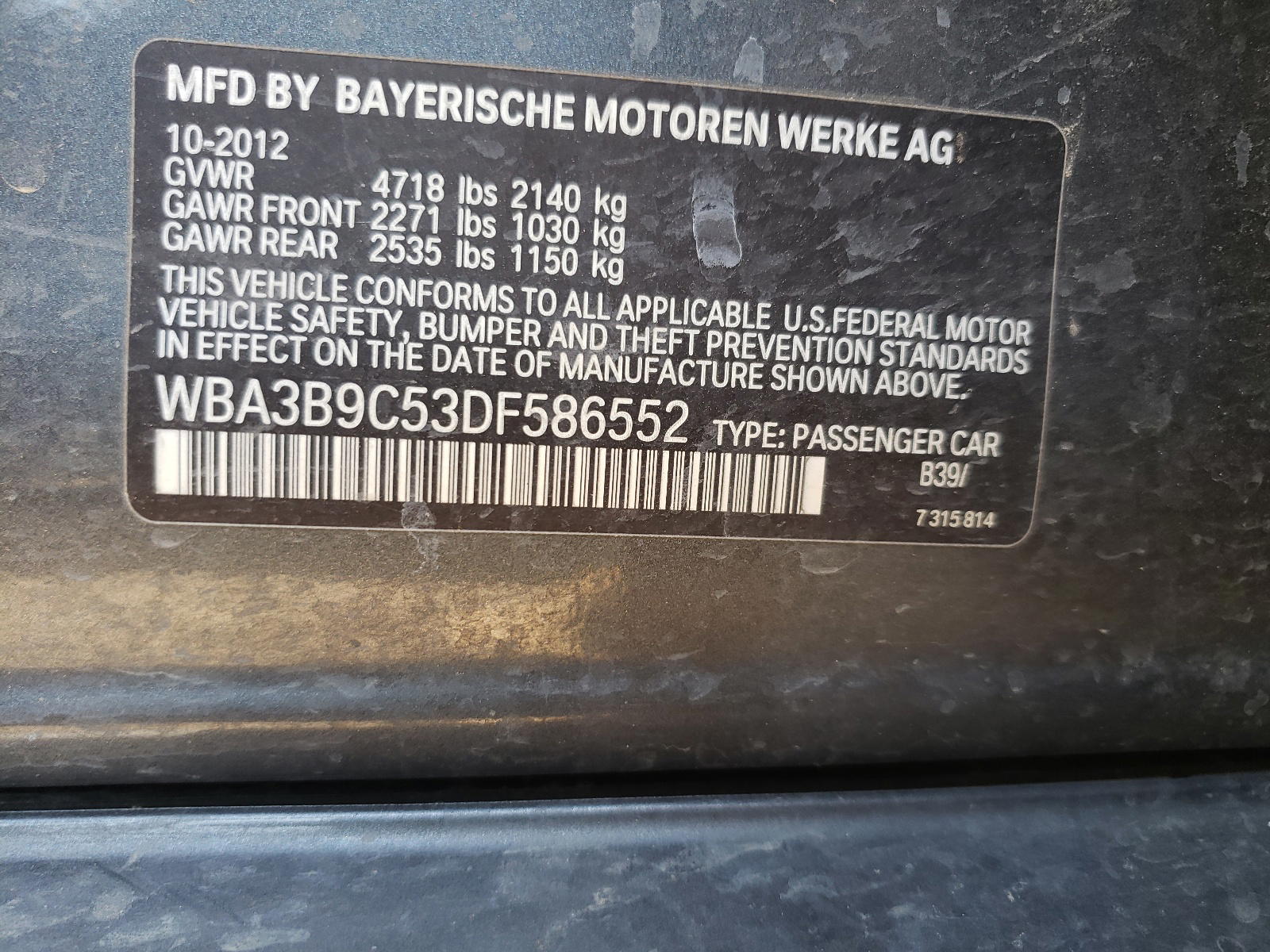 Photo 10 from auction – 2013 BMW 335 XI with VIN WBA3B9C53DF586552