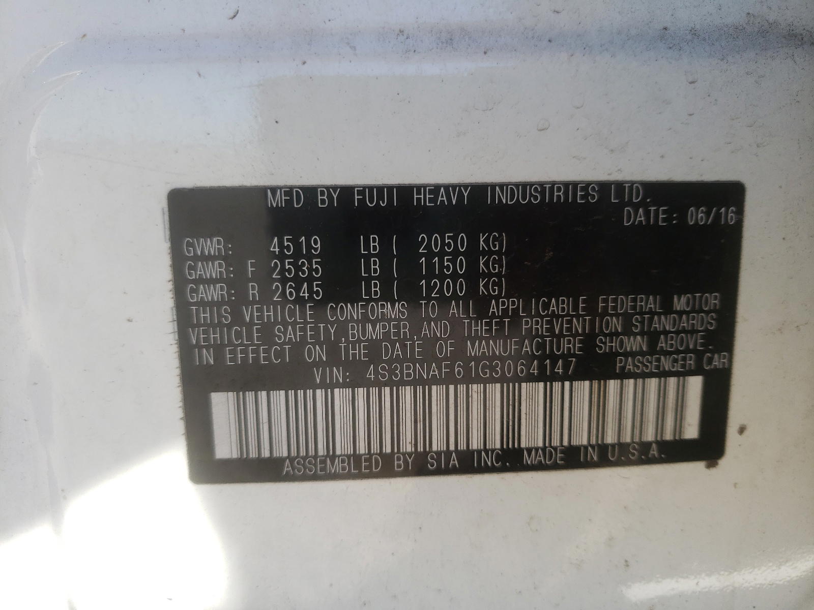 Photo 10 from auction – 2016 SUBARU LEGACY 2.5 with VIN 4S3BNAF61G3064147