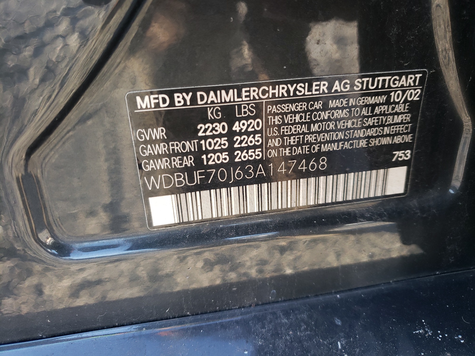 Photo 10 from auction – 2003 MERCEDES-BENZ E 500 with VIN WDBUF70J63A147468