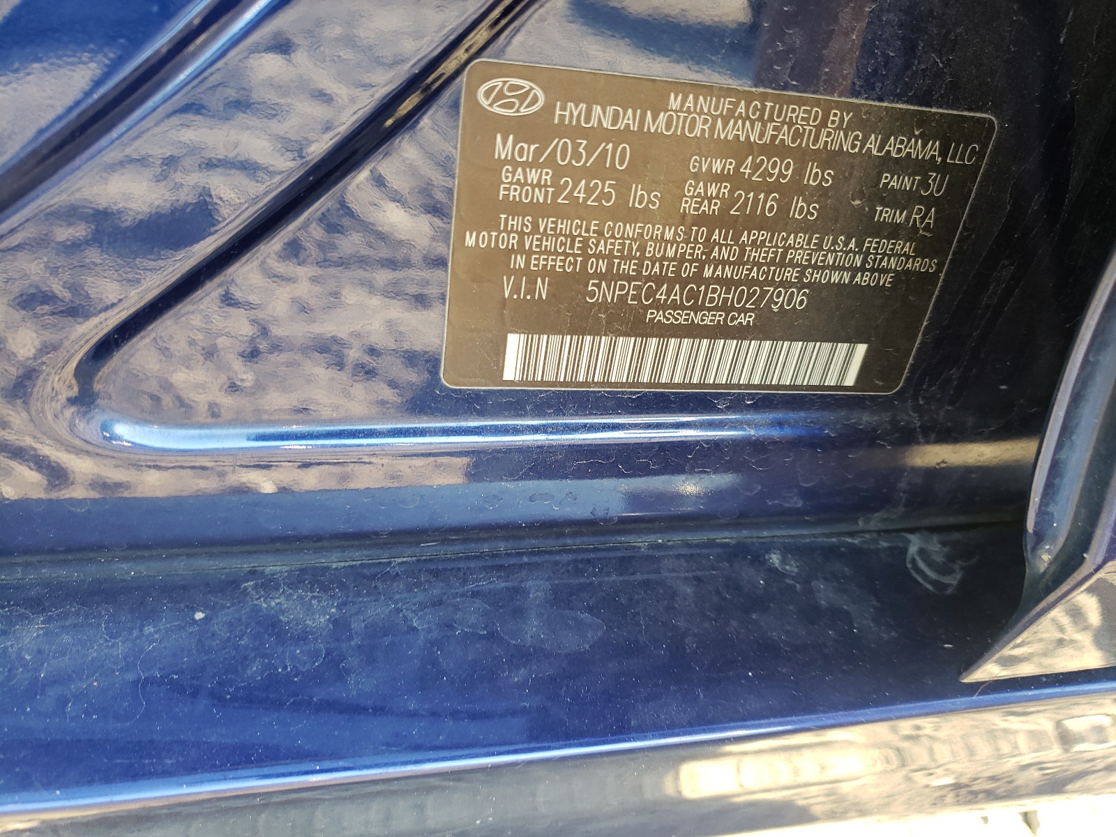 Photo 10 from auction – 2011 HYUNDAI SONATA SE with VIN 5NPEC4AC1BH027906