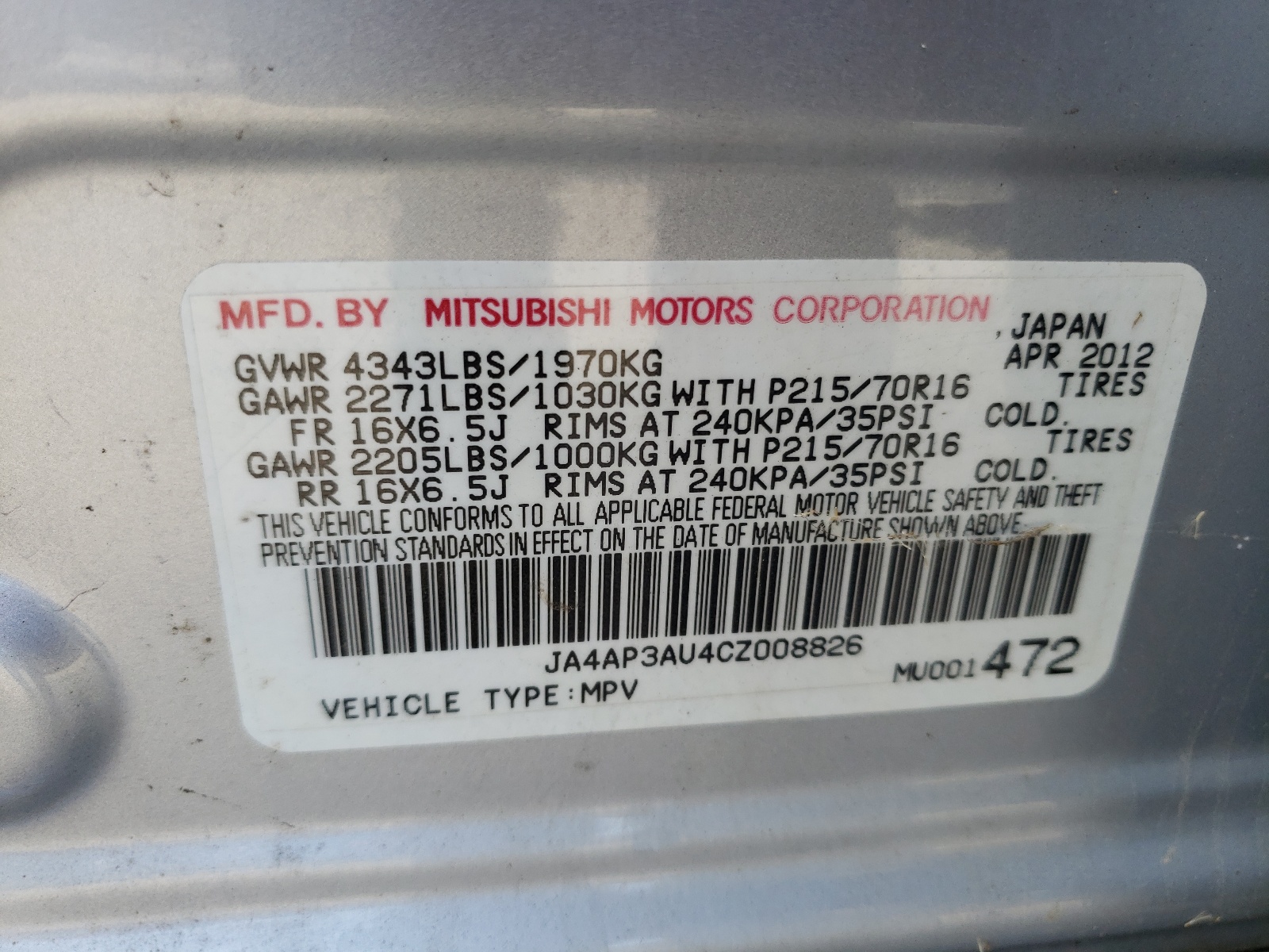 Photo 10 from auction – 2012 MITSUBISHI OUTLANDER with VIN JA4AP3AU4CZ008826