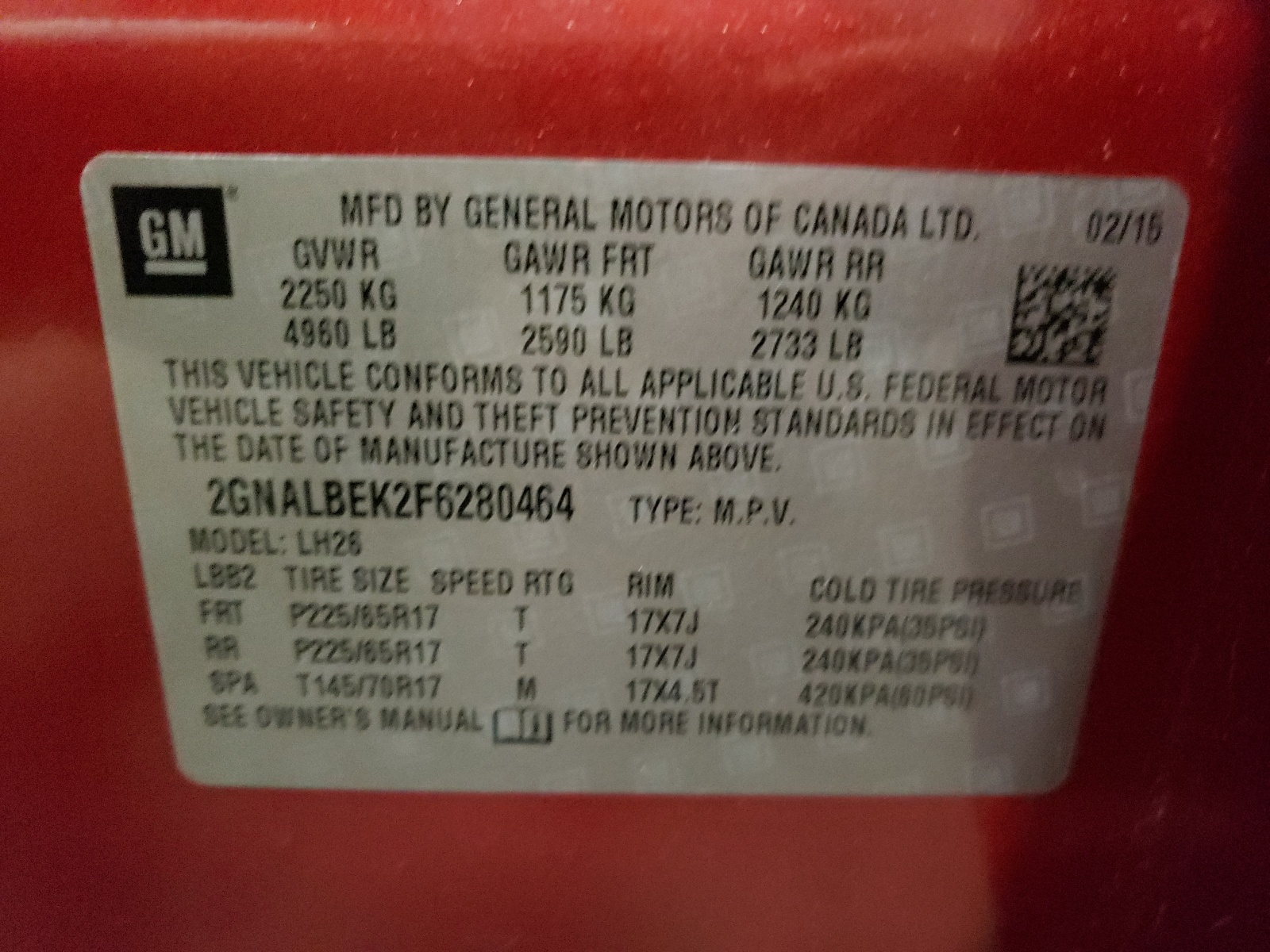 Photo 10 from auction – 2015 CHEVROLET EQUINOX LT with VIN 2GNALBEK2F6280464