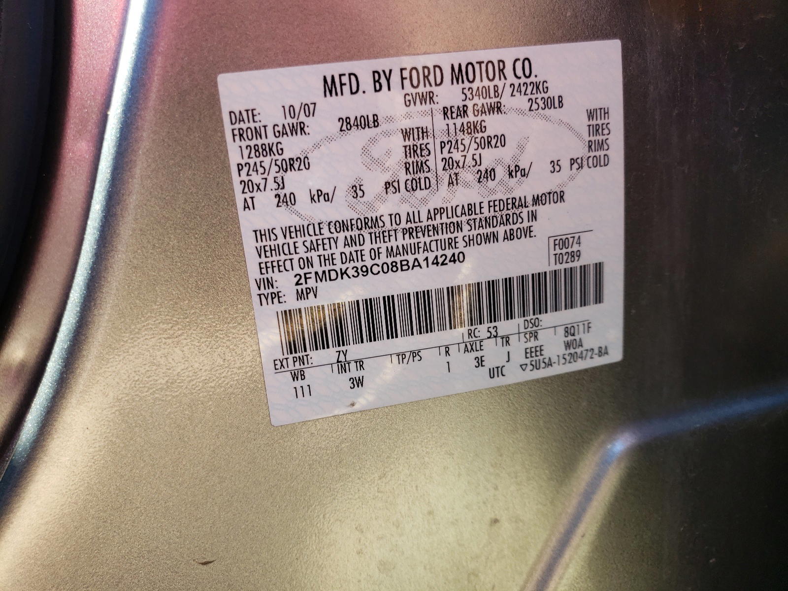 Photo 10 from auction – 2008 FORD EDGE LIMIT with VIN 2FMDK39C08BA14240