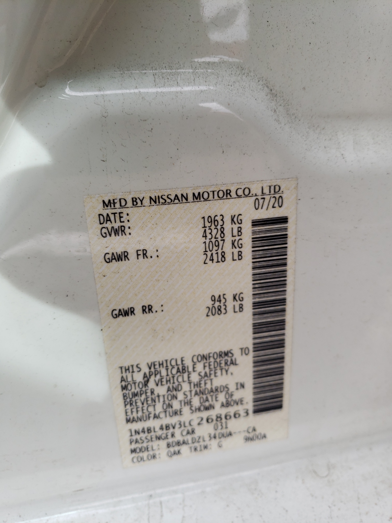 Photo 10 from auction – 2020 NISSAN ALTIMA S with VIN 1N4BL4BV3LC268663