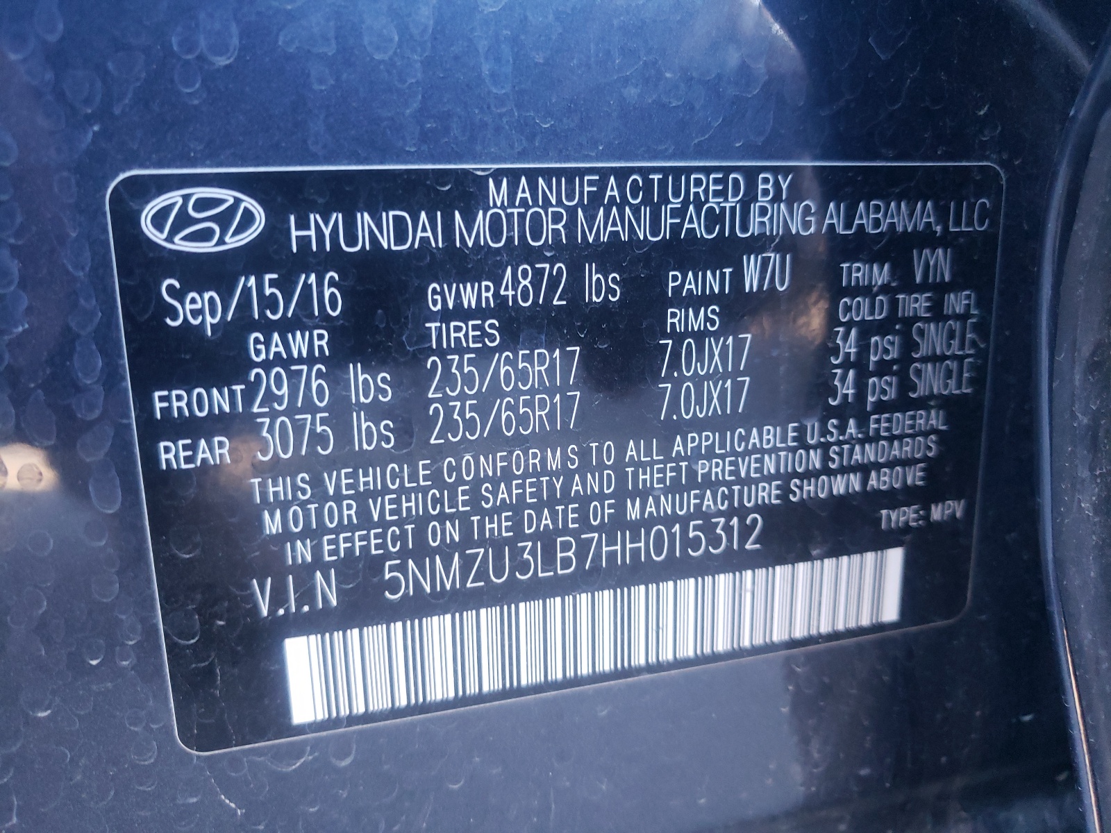 Photo 10 from auction – 2017 HYUNDAI SANTA FE S with VIN 5NMZU3LB7HH015312