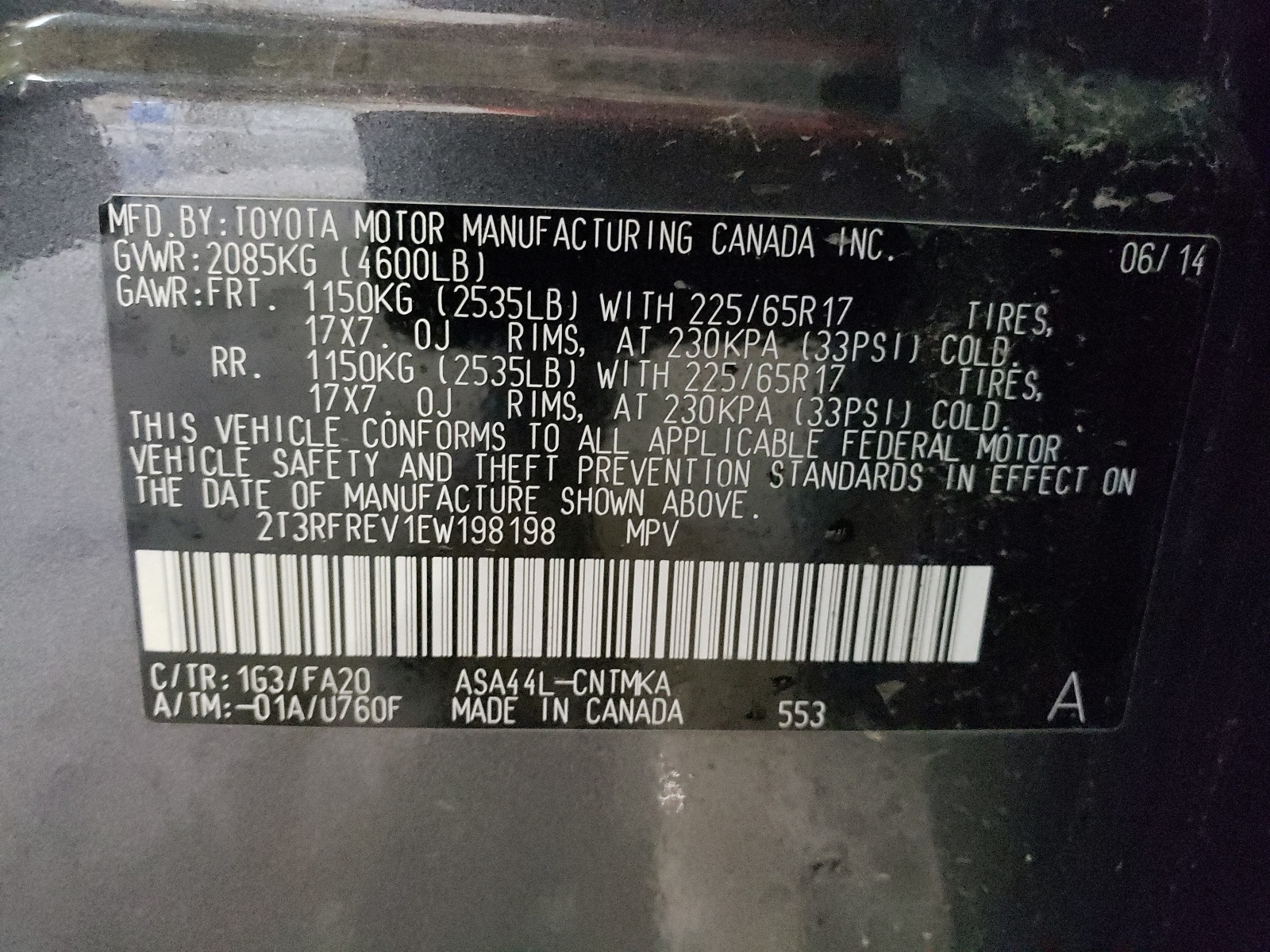 Photo 10 from auction – 2014 TOYOTA RAV4 XLE with VIN 2T3RFREV1EW198198