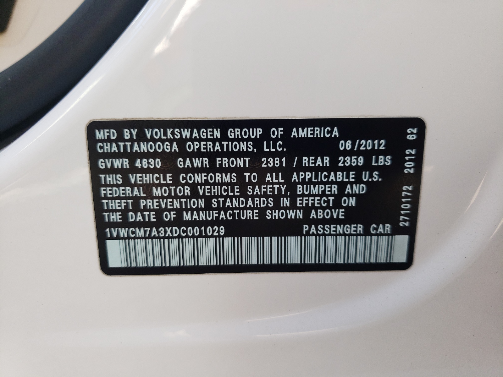 Photo 10 from auction – 2013 VOLKSWAGEN PASSAT SEL with VIN 1VWCM7A3XDC001029