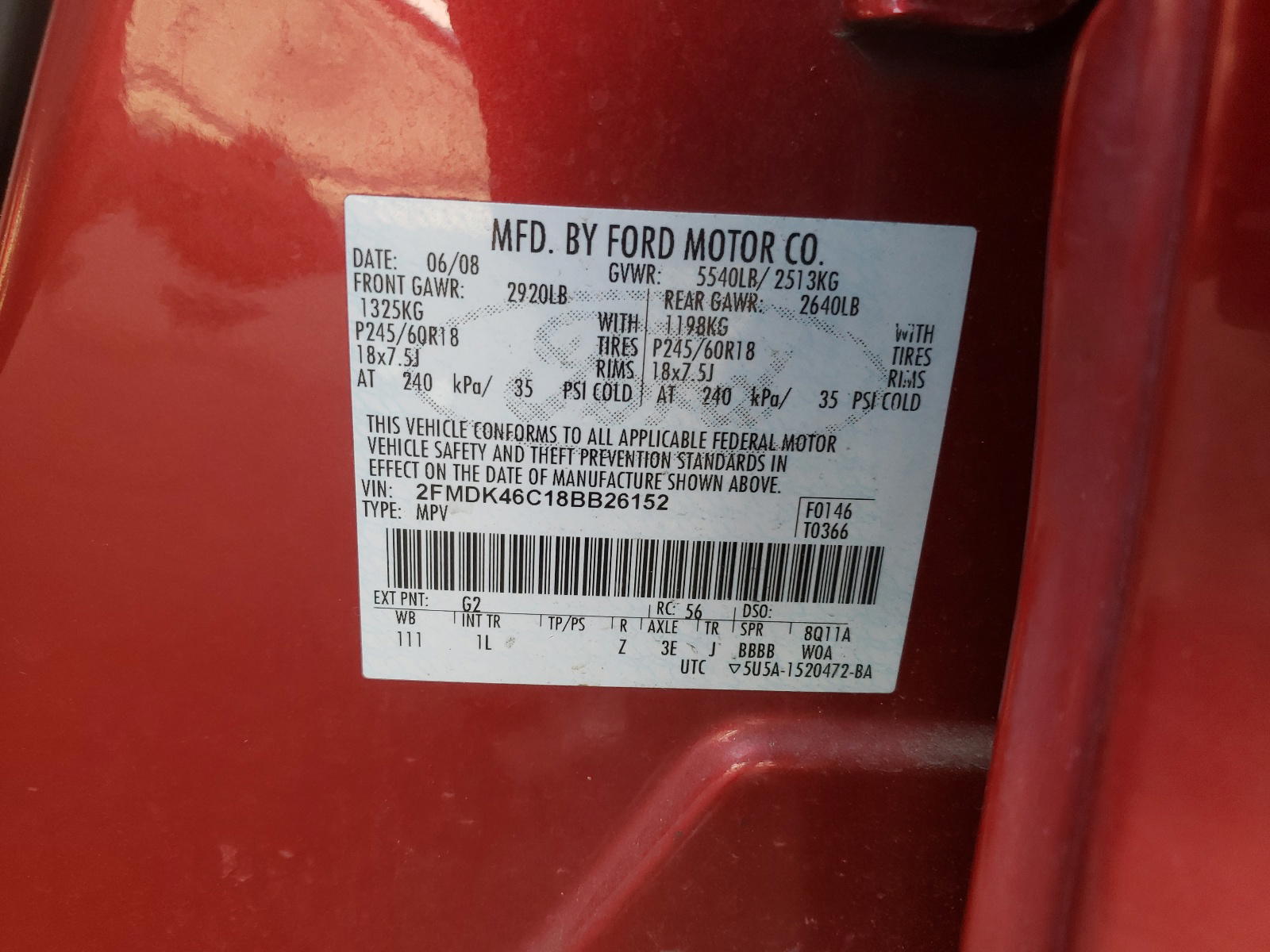 Photo 10 from auction – 2008 FORD EDGE SE with VIN 2FMDK46C18BB26152