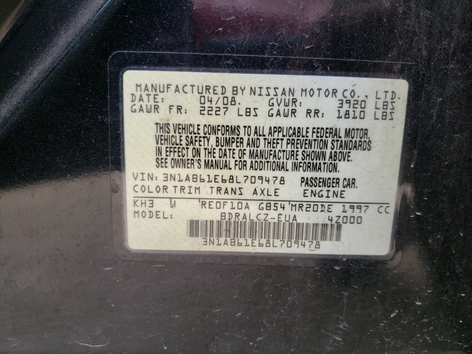 Photo 10 from auction – 2008 NISSAN SENTRA 2.0 with VIN 3N1AB61E68L709478
