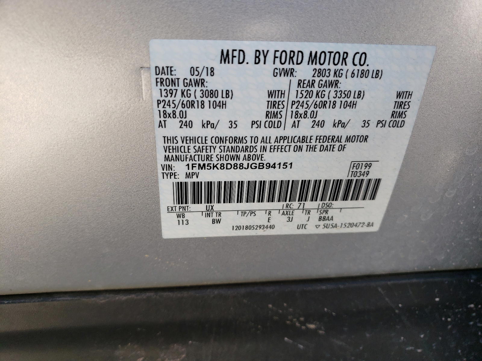 Photo 10 from auction – 2018 FORD EXPLORER X with VIN 1FM5K8D88JGB94151