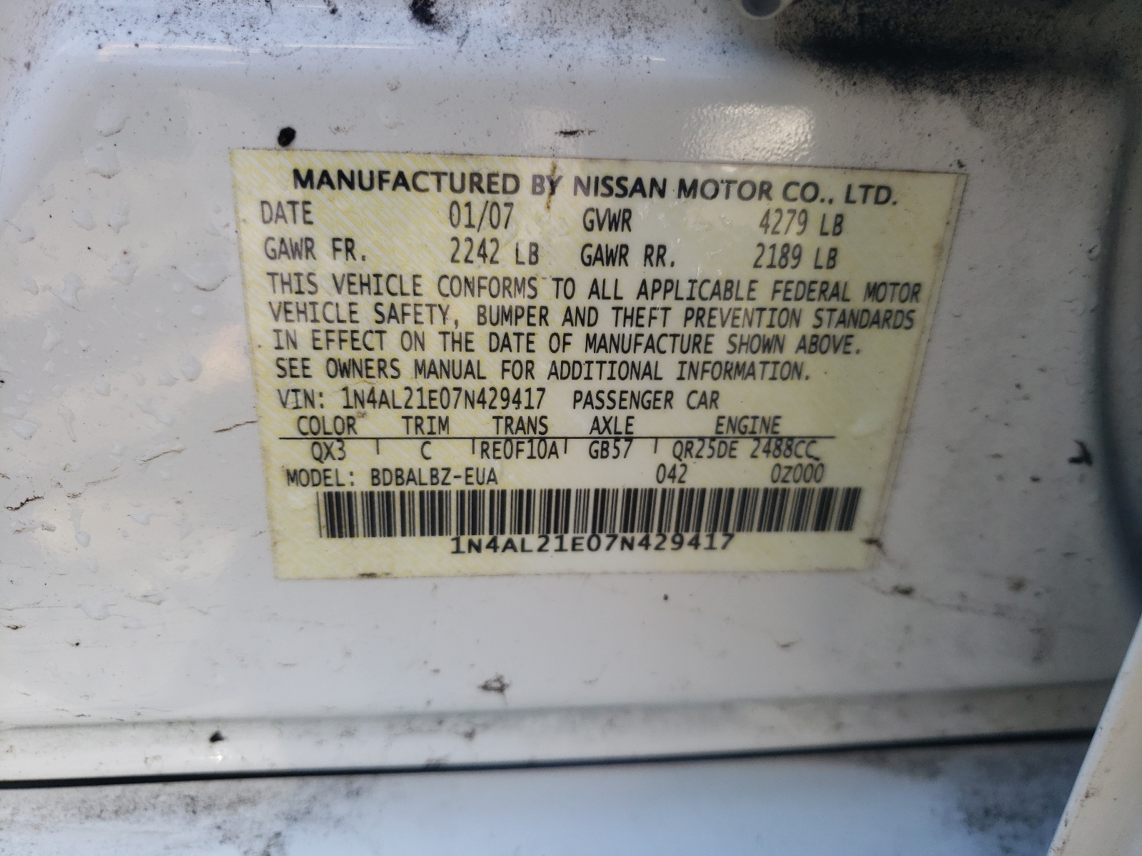 Photo 10 from auction – 2007 NISSAN ALTIMA 2.5 with VIN 1N4AL21E07N429417