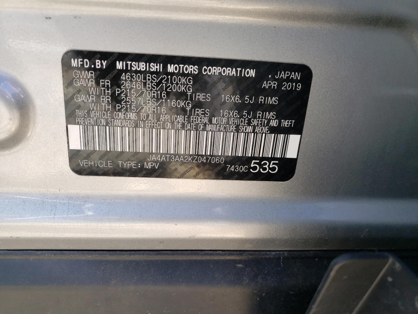 Photo 10 from auction – 2019 MITSUBISHI ECLIPSE CR with VIN JA4AT3AA2KZ047060