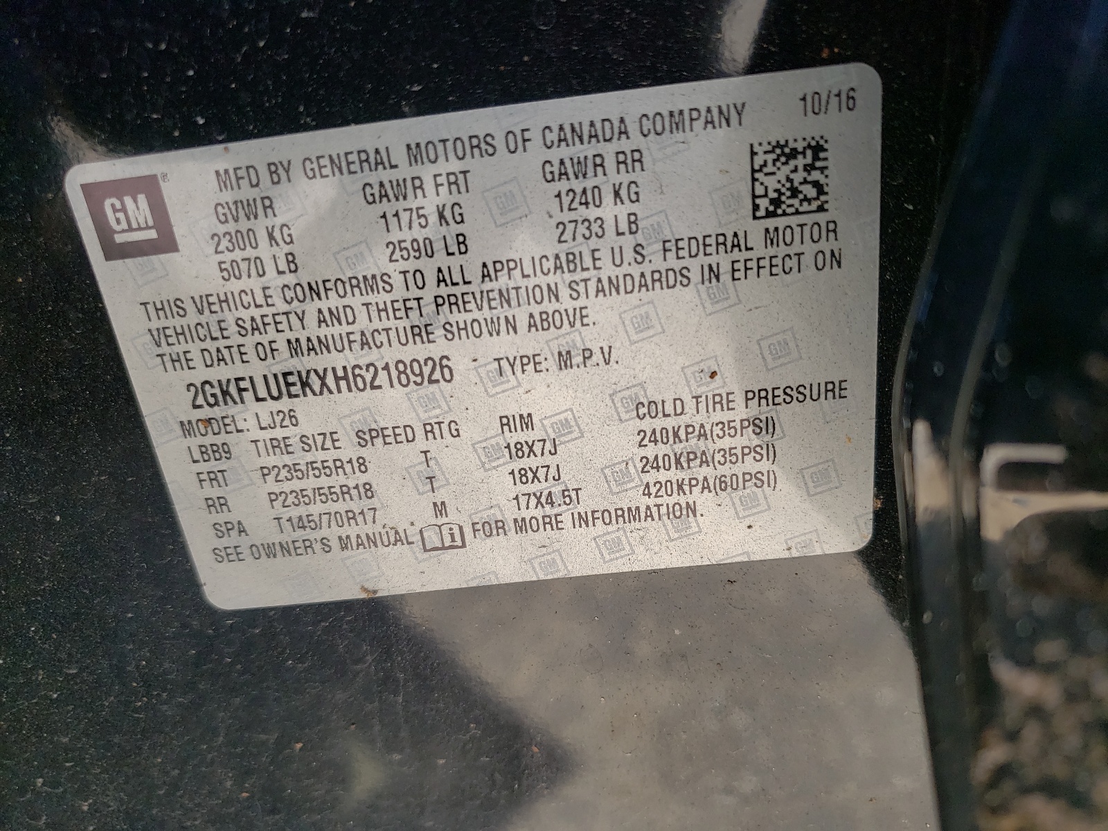 Photo 10 from auction – 2017 GMC TERRAIN SL with VIN 2GKFLUEKXH6218926