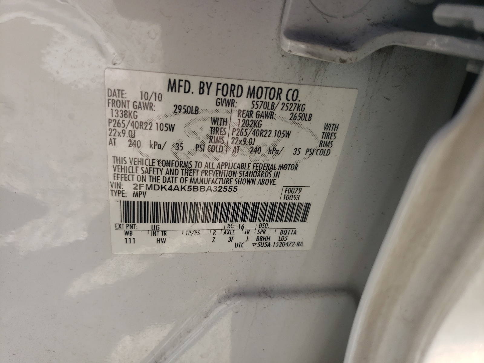 Photo 10 from auction – 2011 FORD EDGE SPORT with VIN 2FMDK4AK5BBA32555