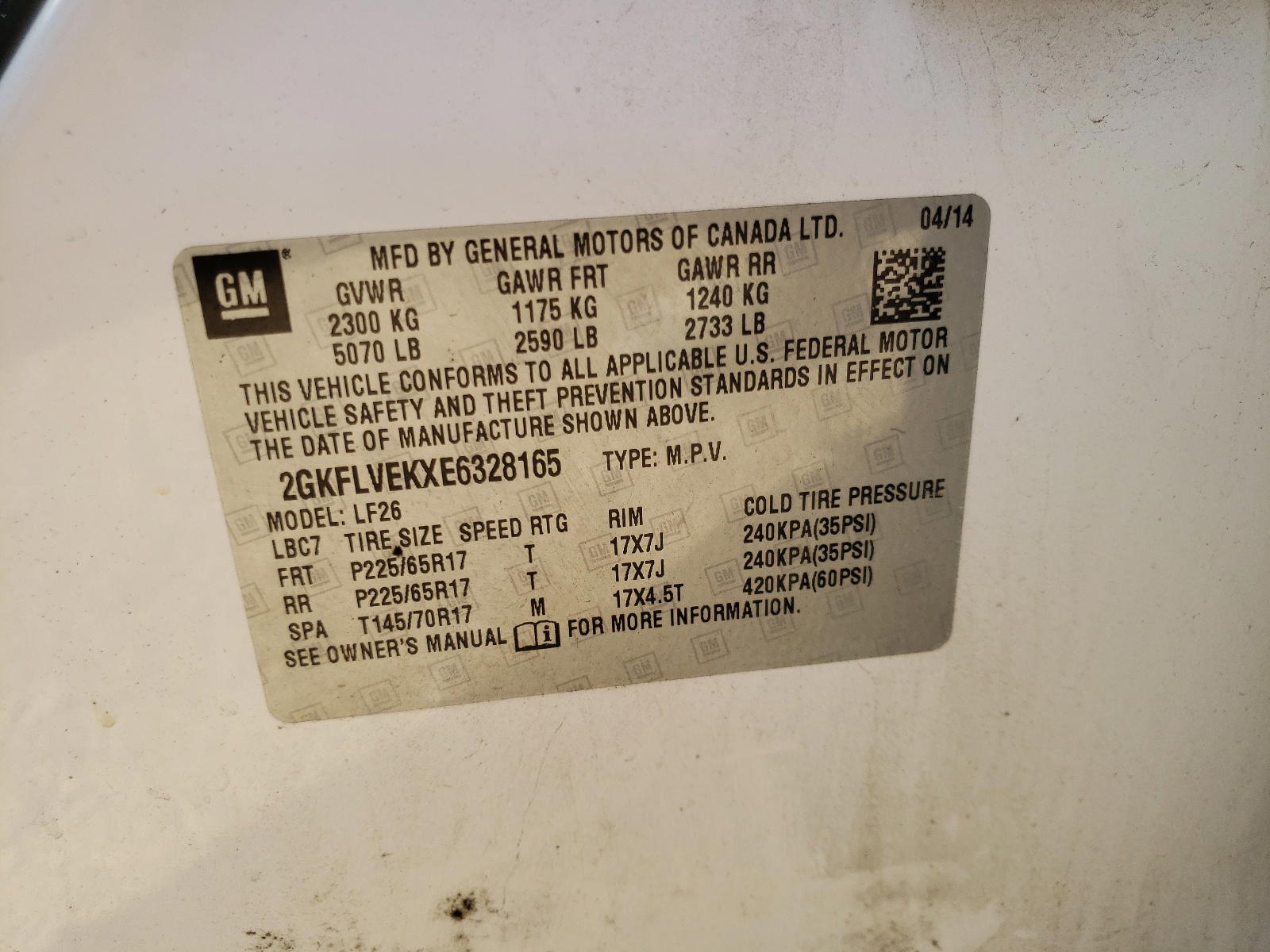 Photo 10 from auction – 2014 GMC TERRAIN SL with VIN 2GKFLVEKXE6328165
