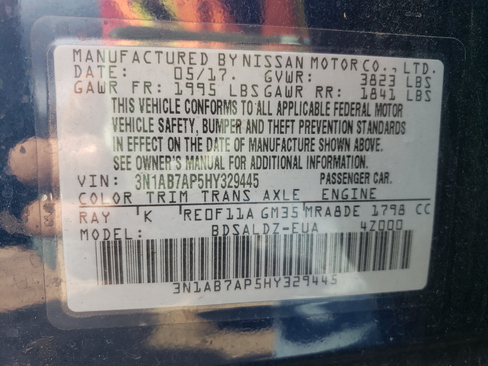Photo 10 from auction – 2017 NISSAN SENTRA S with VIN 3N1AB7AP5HY329445