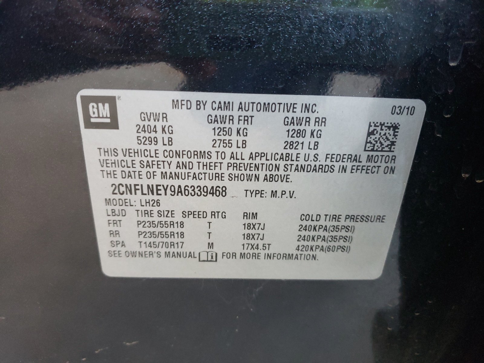 Photo 10 from auction – 2010 CHEVROLET EQUINOX LT with VIN 2CNFLNEY9A6339468
