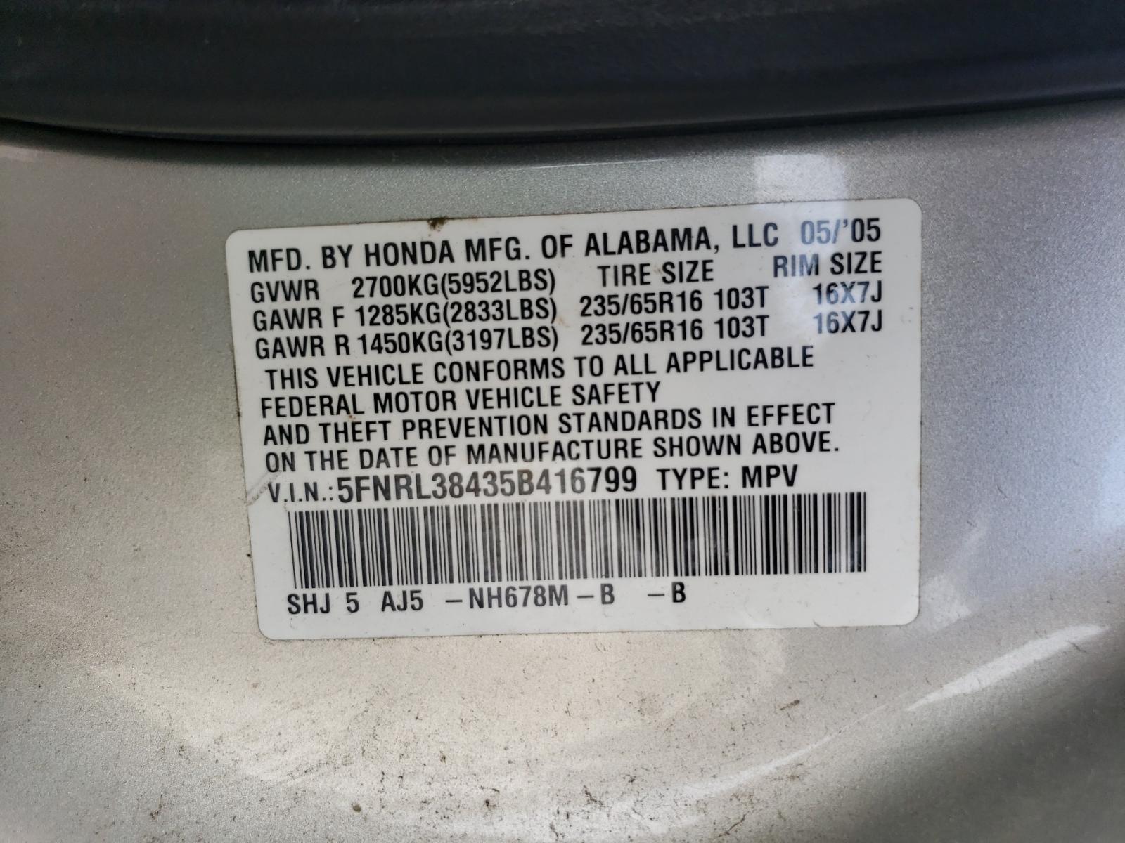 Photo 10 from auction – 2005 HONDA ODYSSEY EX with VIN 5FNRL38435B416799