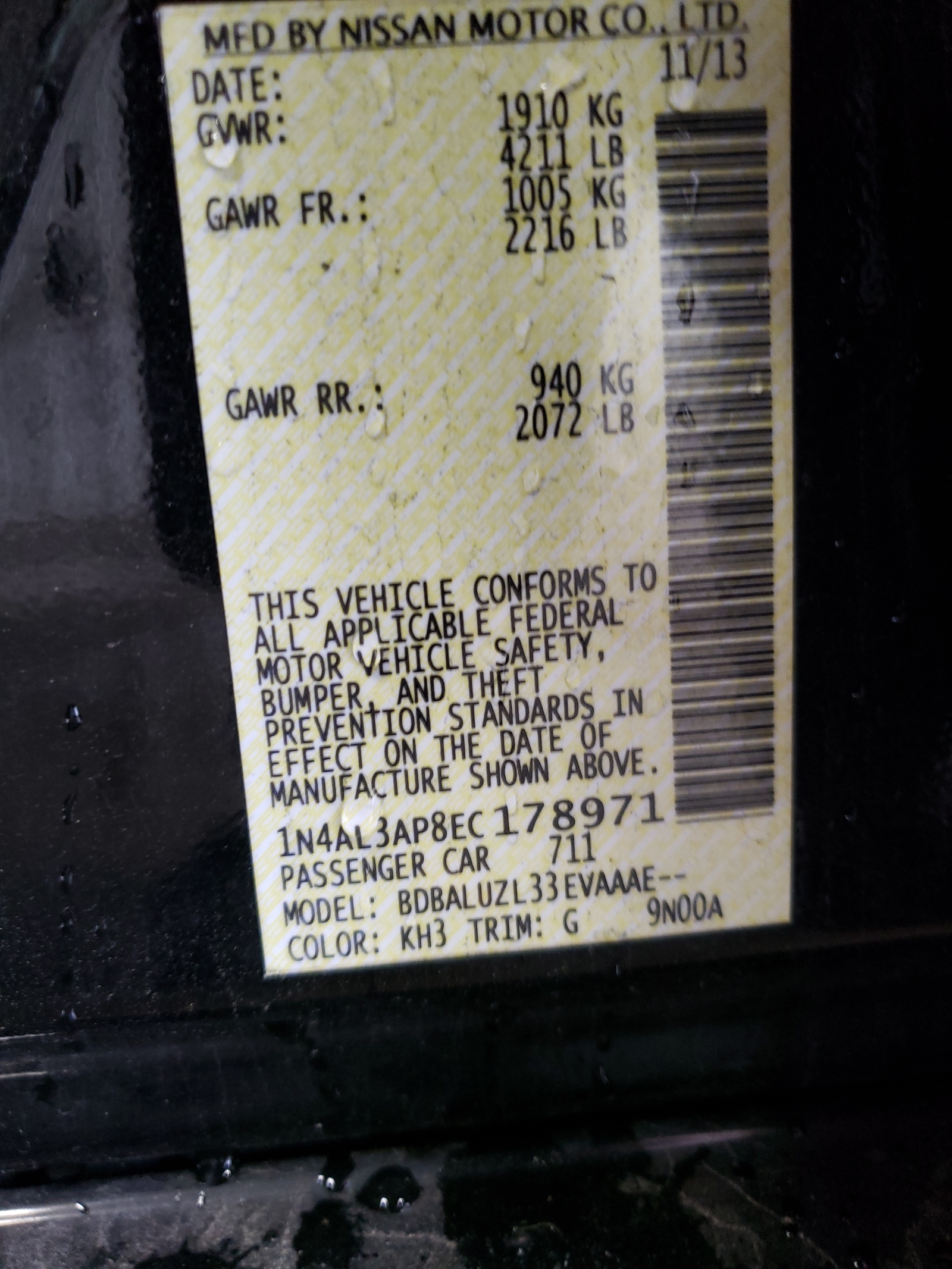 Photo 10 from auction – 2014 NISSAN ALTIMA 2.5 with VIN 1N4AL3AP8EC178971