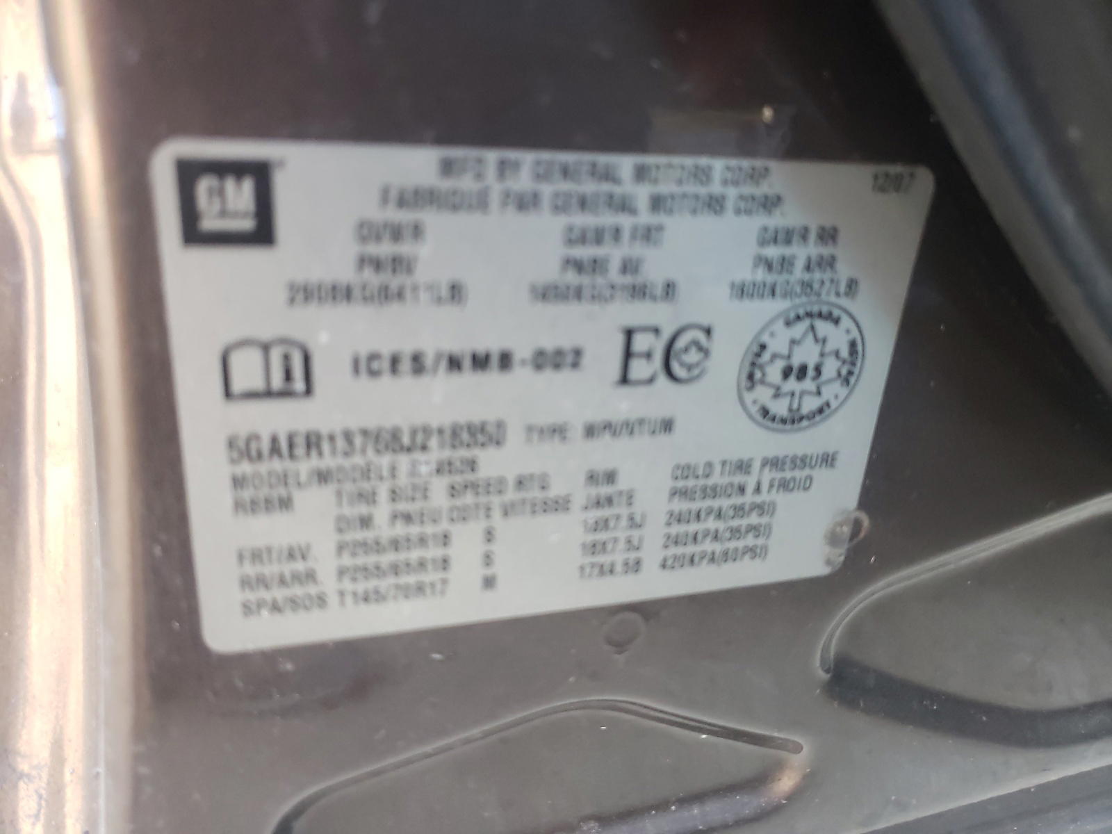 Photo 10 from auction – 2008 BUICK ENCLAVE CX with VIN 5GAER13768J218350