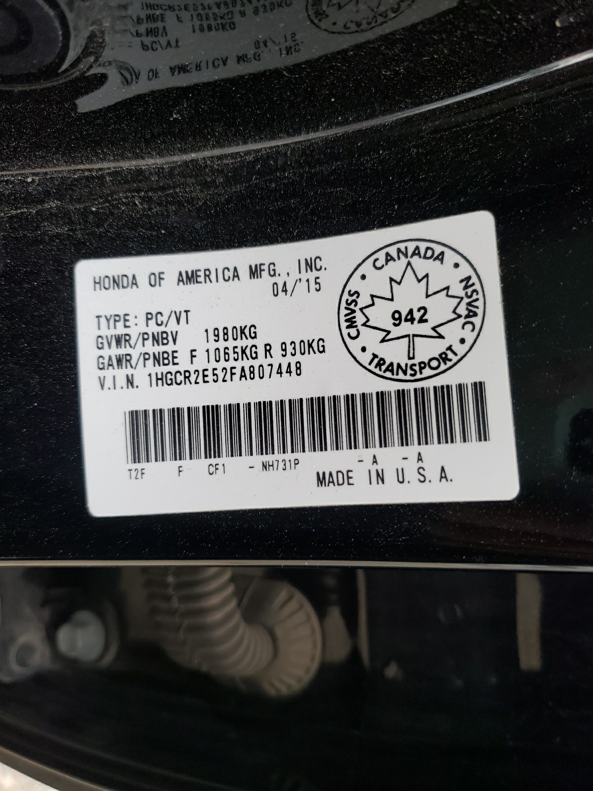 Photo 10 from auction – 2015 HONDA ACCORD SPO with VIN 1HGCR2E52FA807448