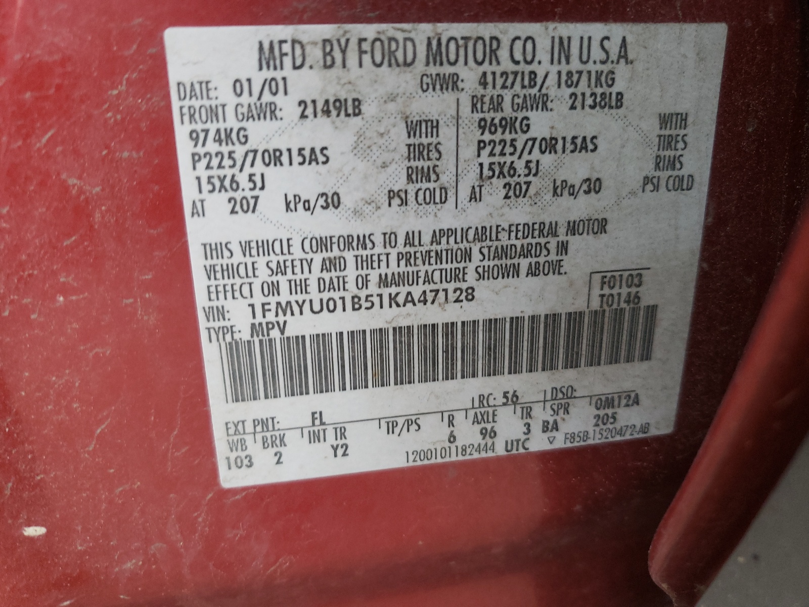 Photo 10 from auction – 2001 FORD ESCAPE XLS with VIN 1FMYU01B51KA47128