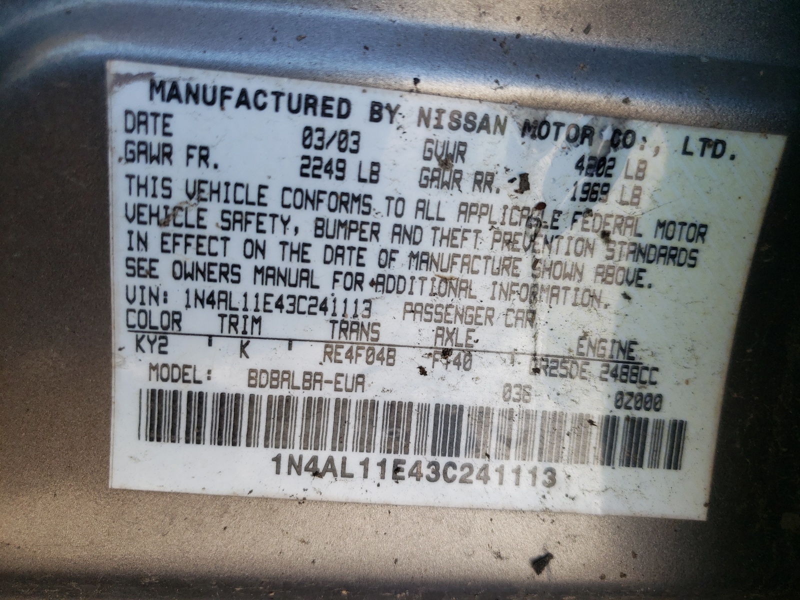 Photo 10 from auction – 2003 NISSAN ALTIMA BAS with VIN 1N4AL11E43C241113