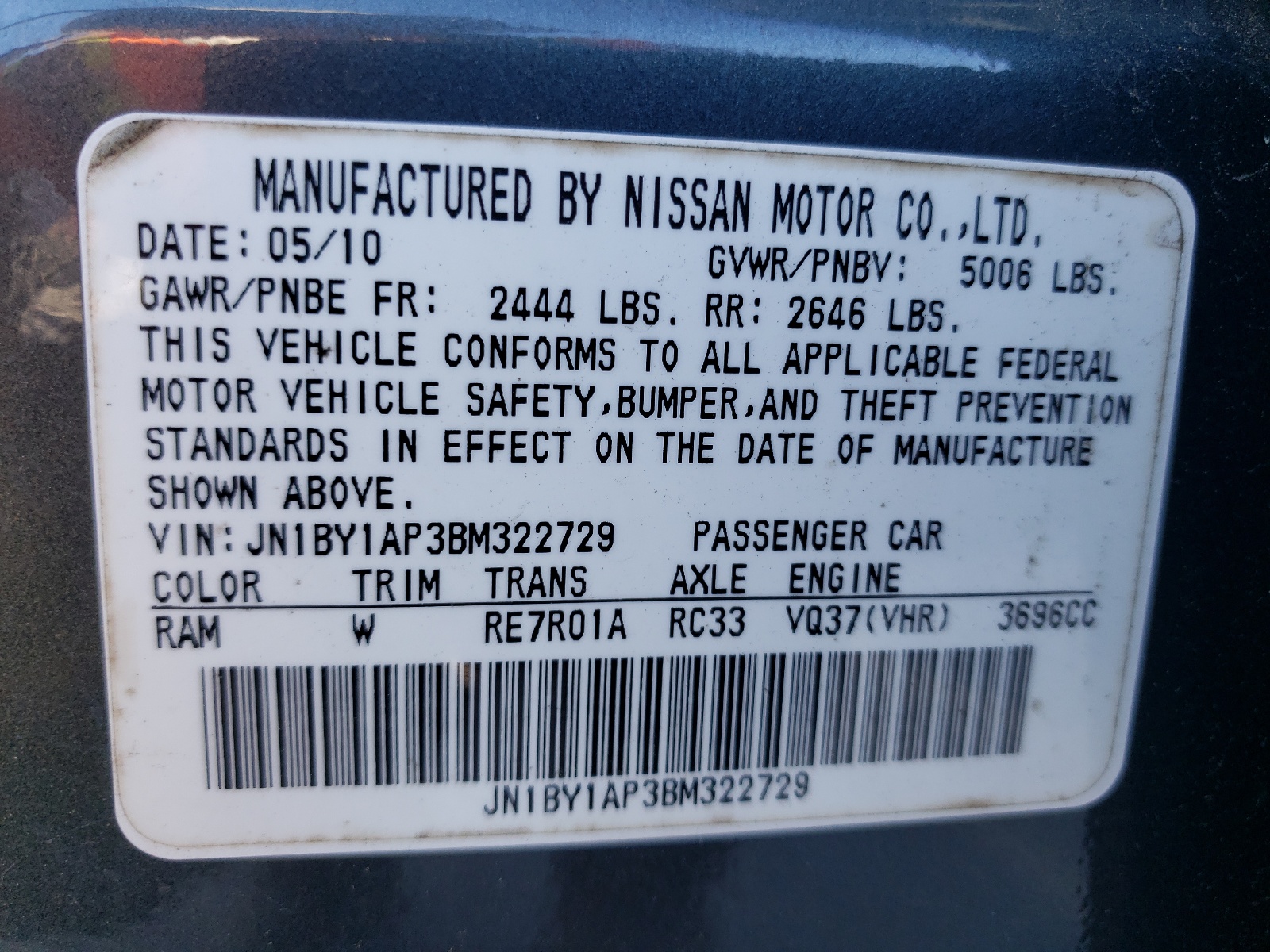 Photo 10 from auction – 2011 INFINITI M37 with VIN JN1BY1AP3BM322729
