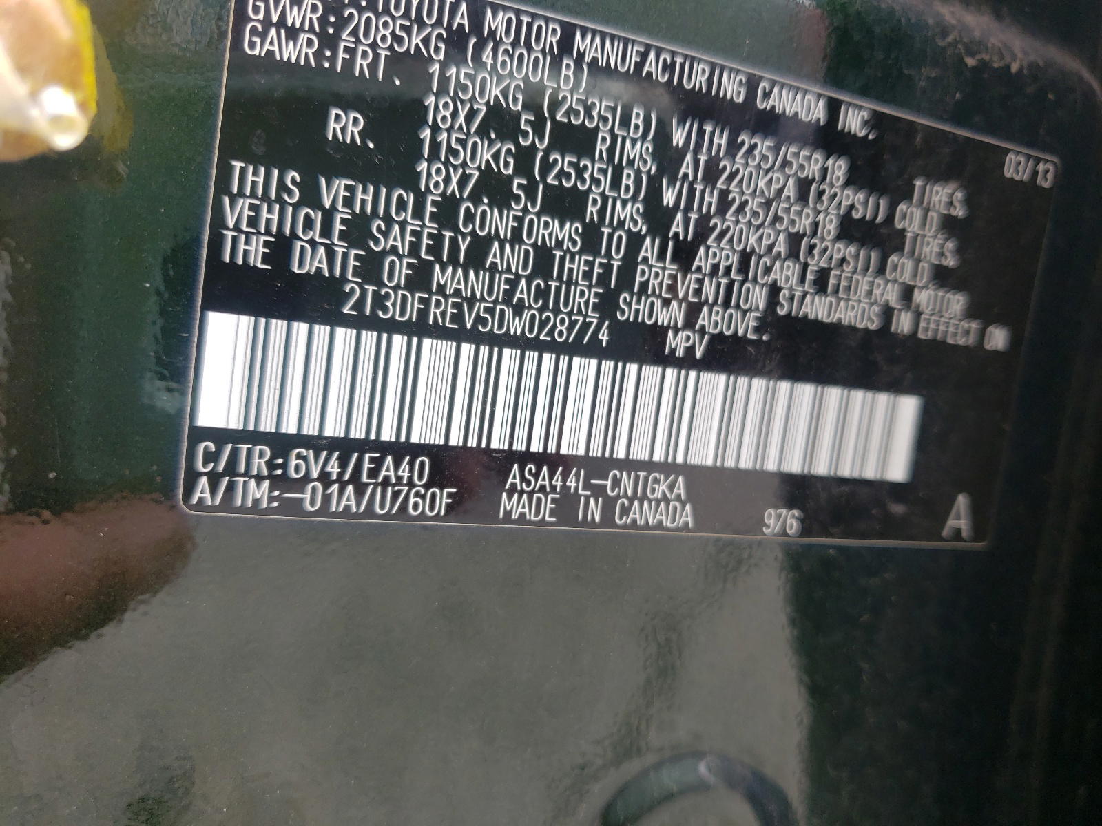 Photo 10 from auction – 2013 TOYOTA RAV4 LIMIT with VIN 2T3DFREV5DW028774