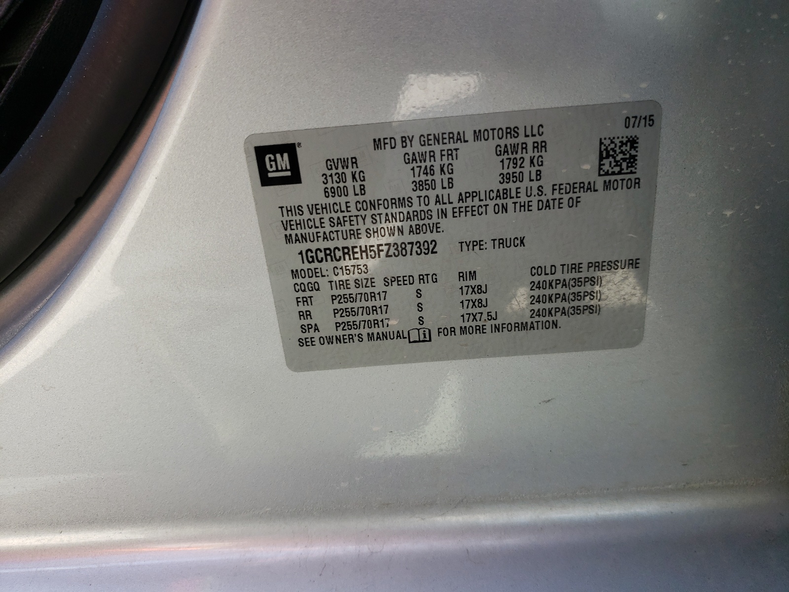 Photo 10 from auction – 2015 CHEVROLET SILVERADO with VIN 1GCRCREH5FZ387392