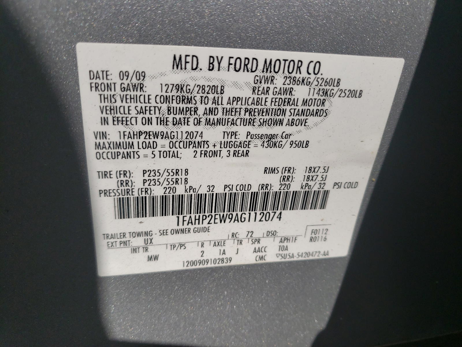 Photo 10 from auction – 2010 FORD TAURUS SEL with VIN 1FAHP2EW9AG112074