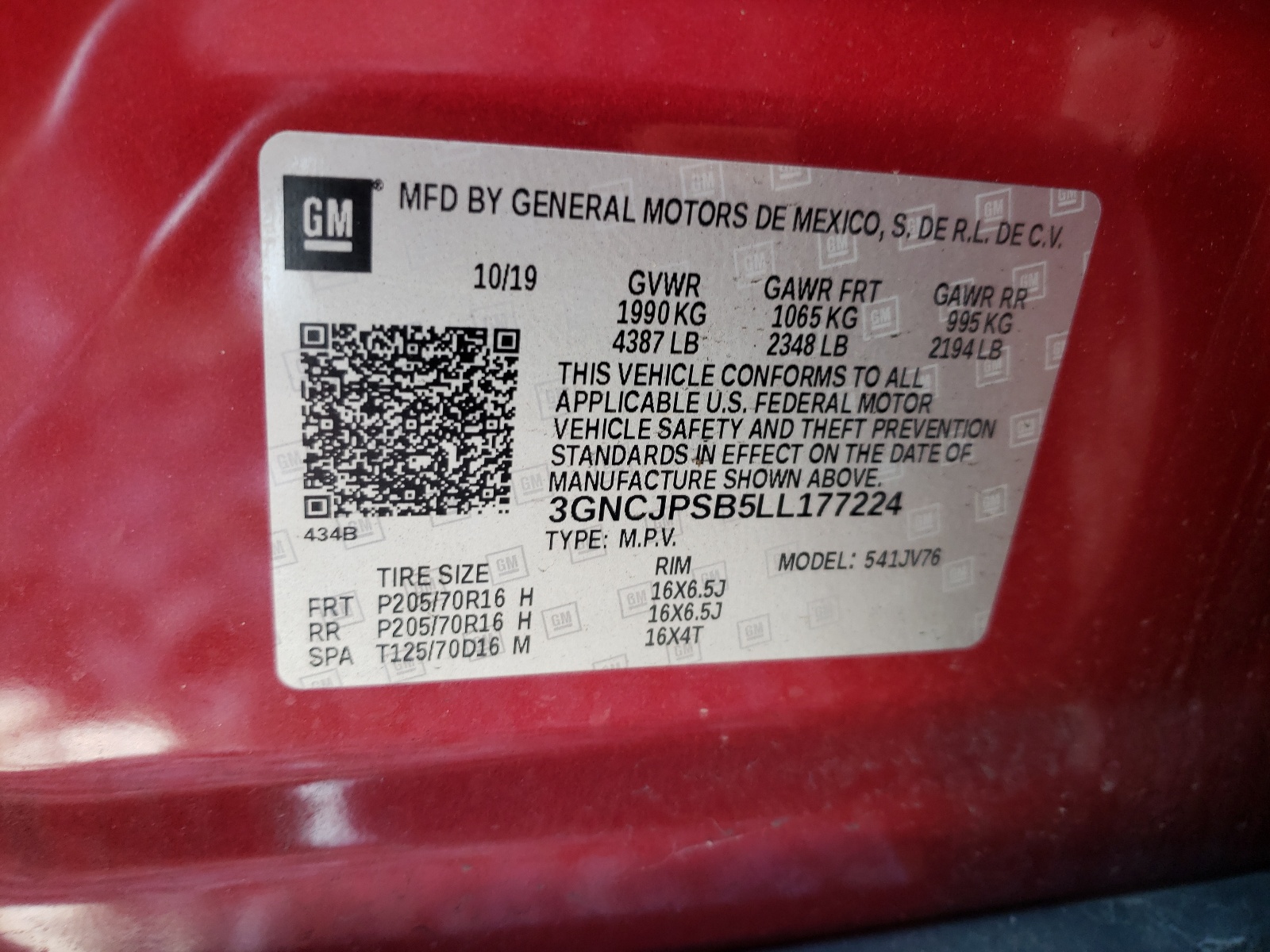 Photo 10 from auction – 2020 CHEVROLET TRAX 1LT with VIN 3GNCJPSB5LL177224
