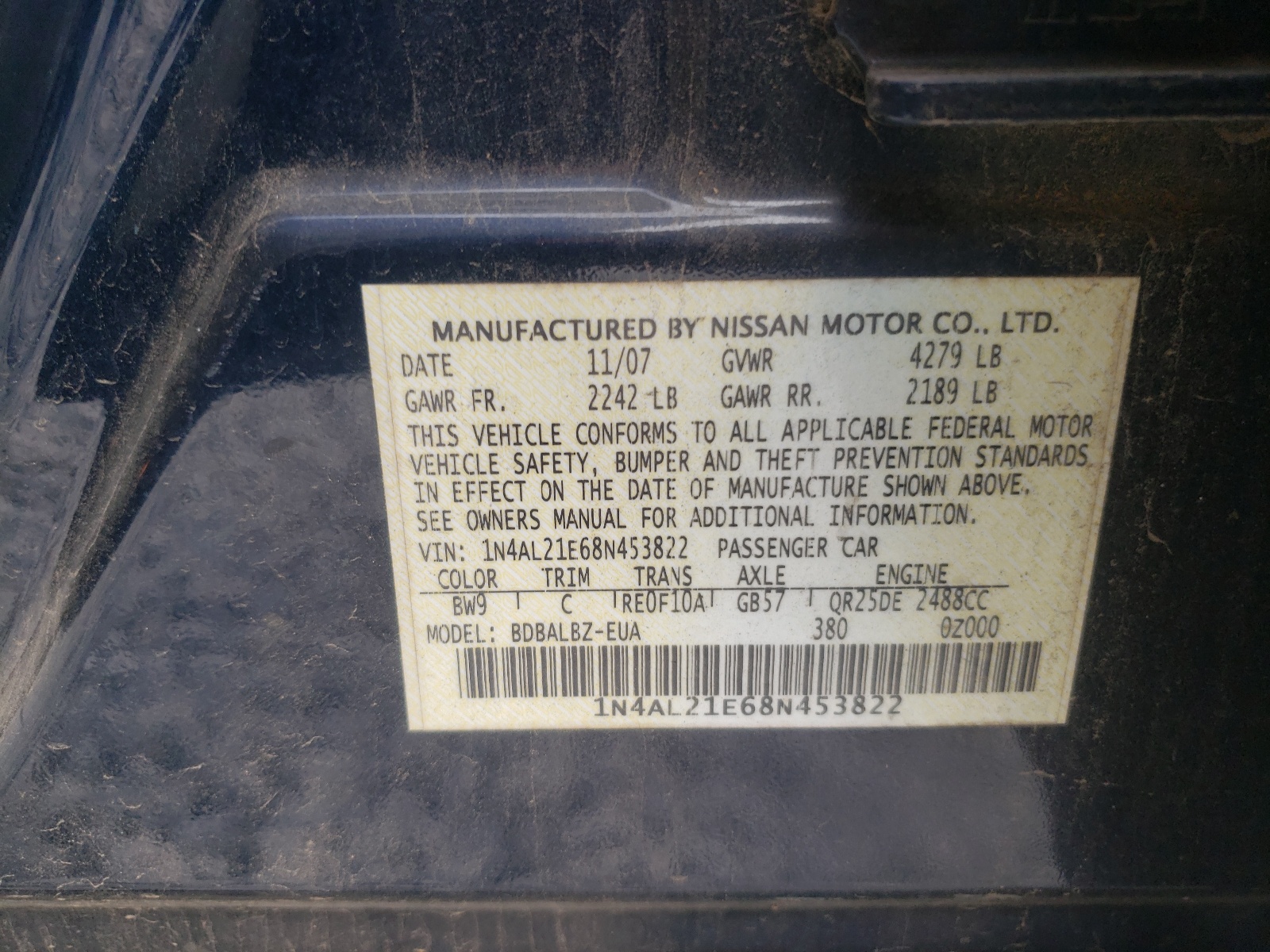 Photo 10 from auction – 2008 NISSAN ALTIMA 2.5 with VIN 1N4AL21E68N453822