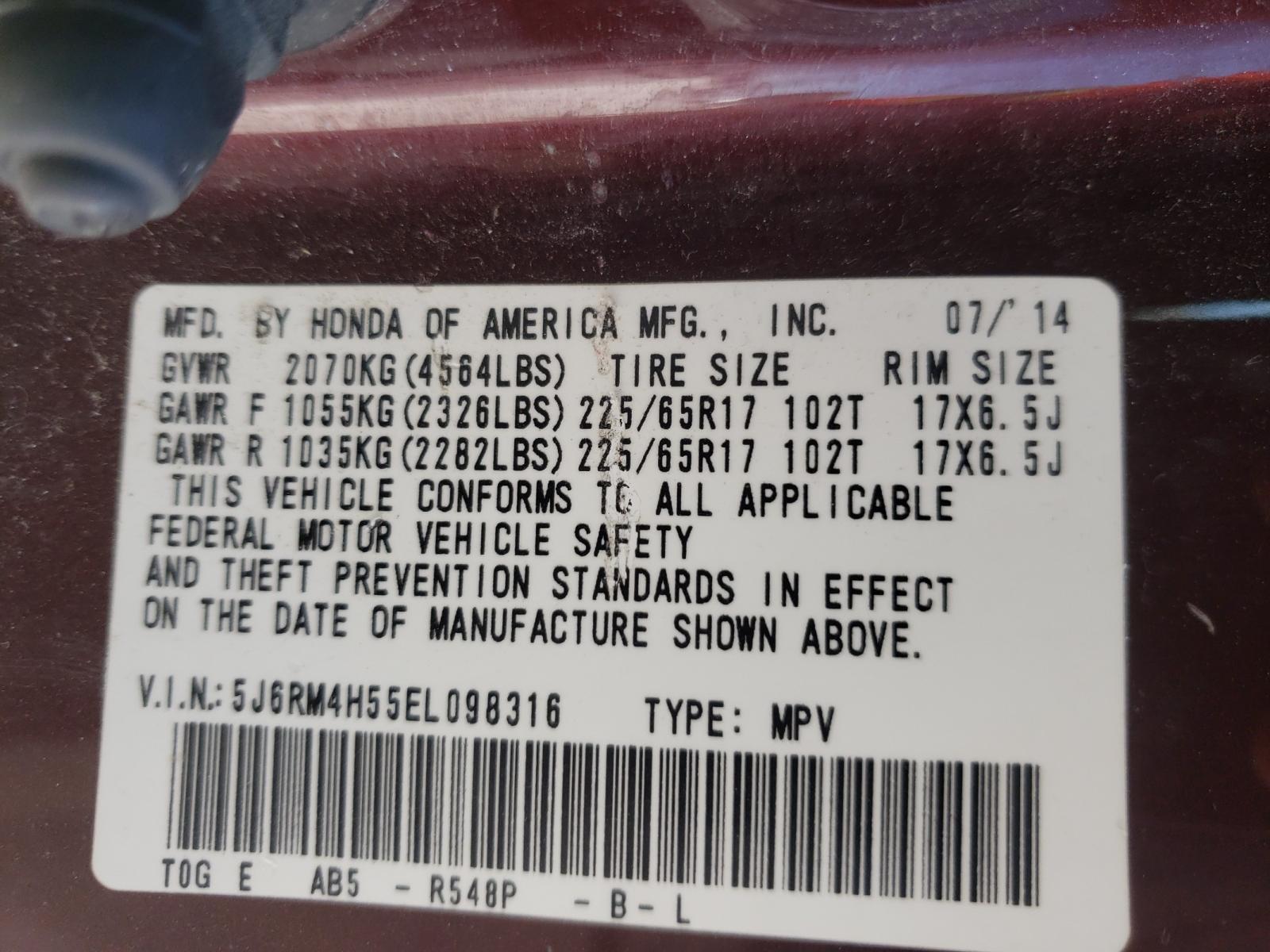 Photo 10 from auction – 2014 HONDA CR-V EX with VIN 5J6RM4H55EL098316