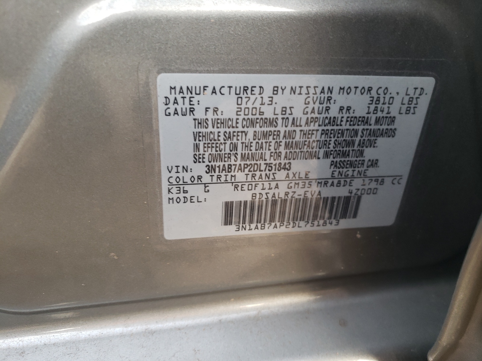 Photo 10 from auction – 2013 NISSAN SENTRA S with VIN 3N1AB7AP2DL751843