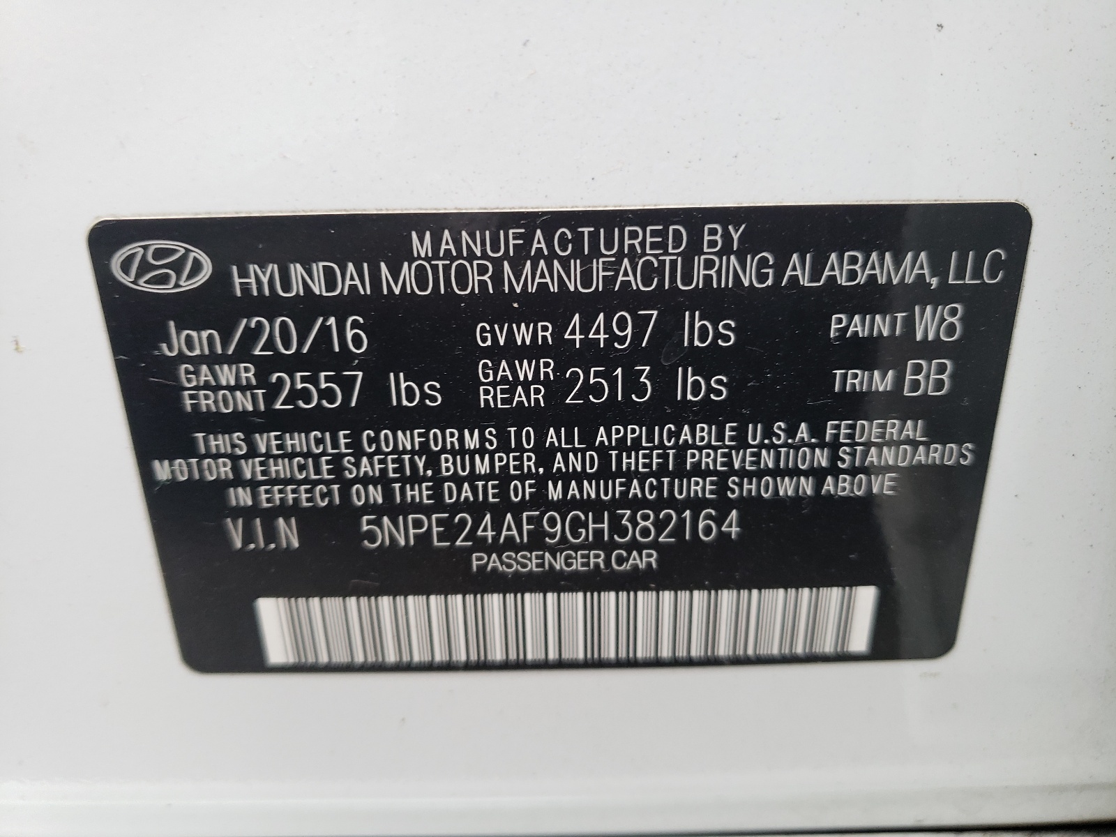 Photo 10 from auction – 2016 HYUNDAI SONATA with VIN 5NPE24AF9GH382164