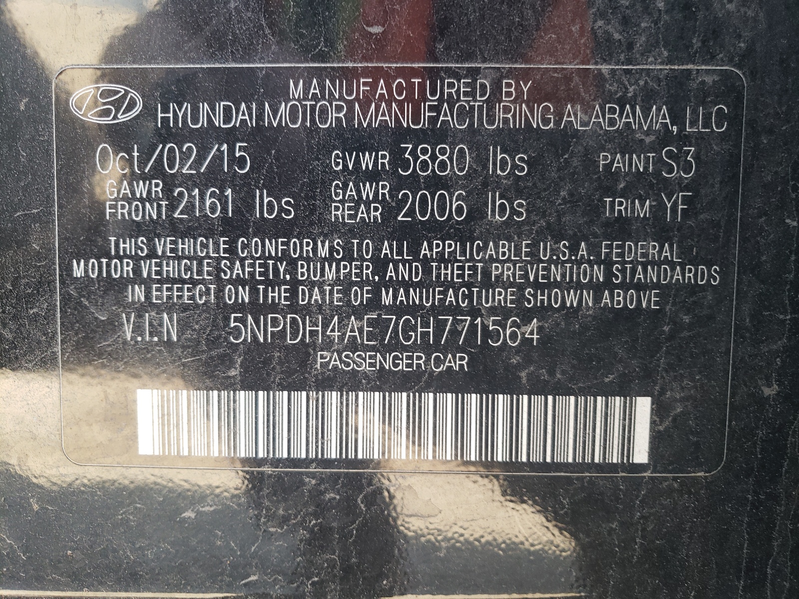 Photo 10 from auction – 2016 HYUNDAI ELANTRA SE with VIN 5NPDH4AE7GH771564