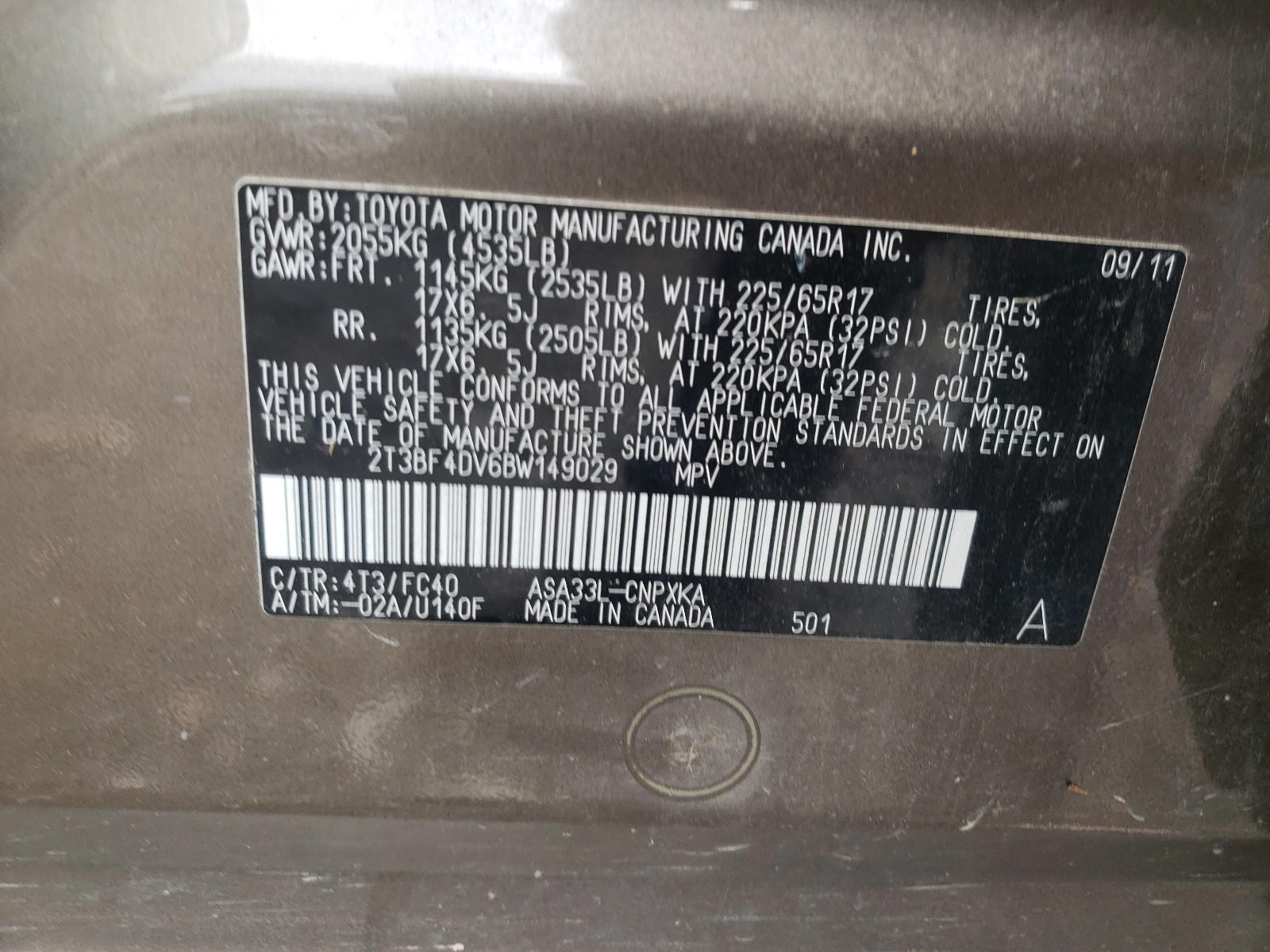 Photo 10 from auction – 2011 TOYOTA RAV4 with VIN 2T3BF4DV6BW149029