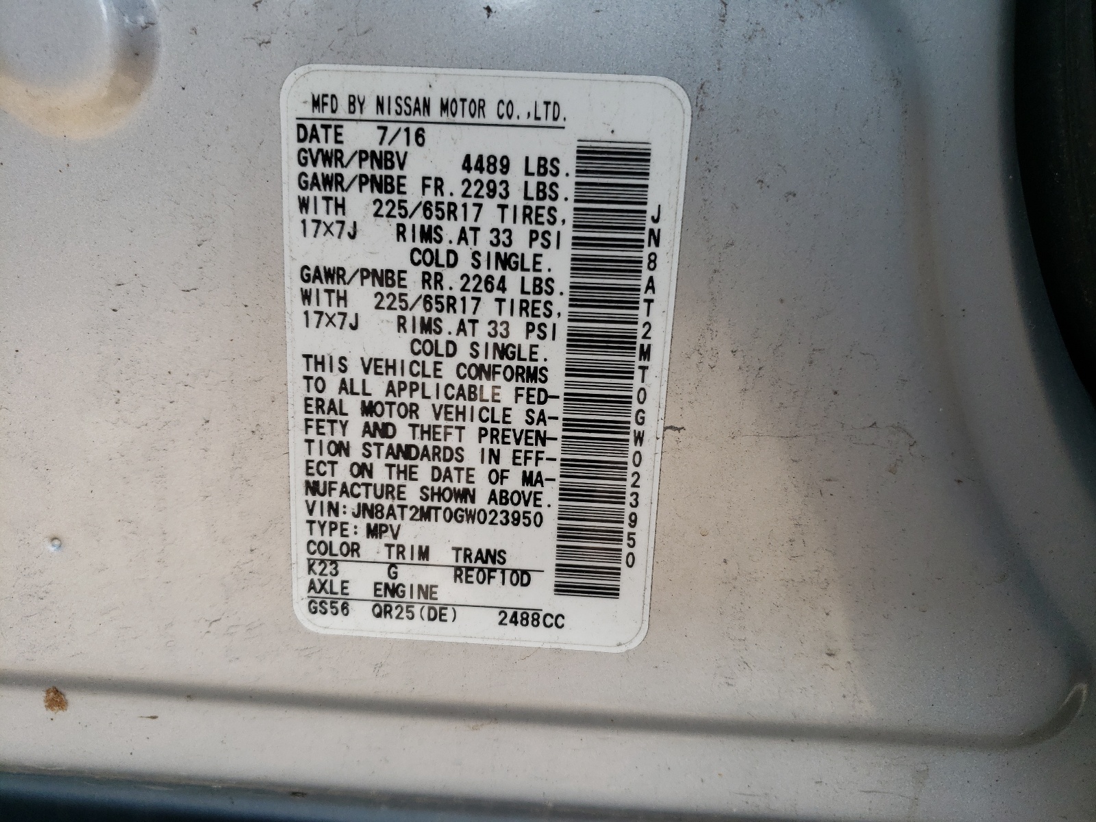 Photo 10 from auction – 2016 NISSAN ROGUE S with VIN JN8AT2MT0GW023950