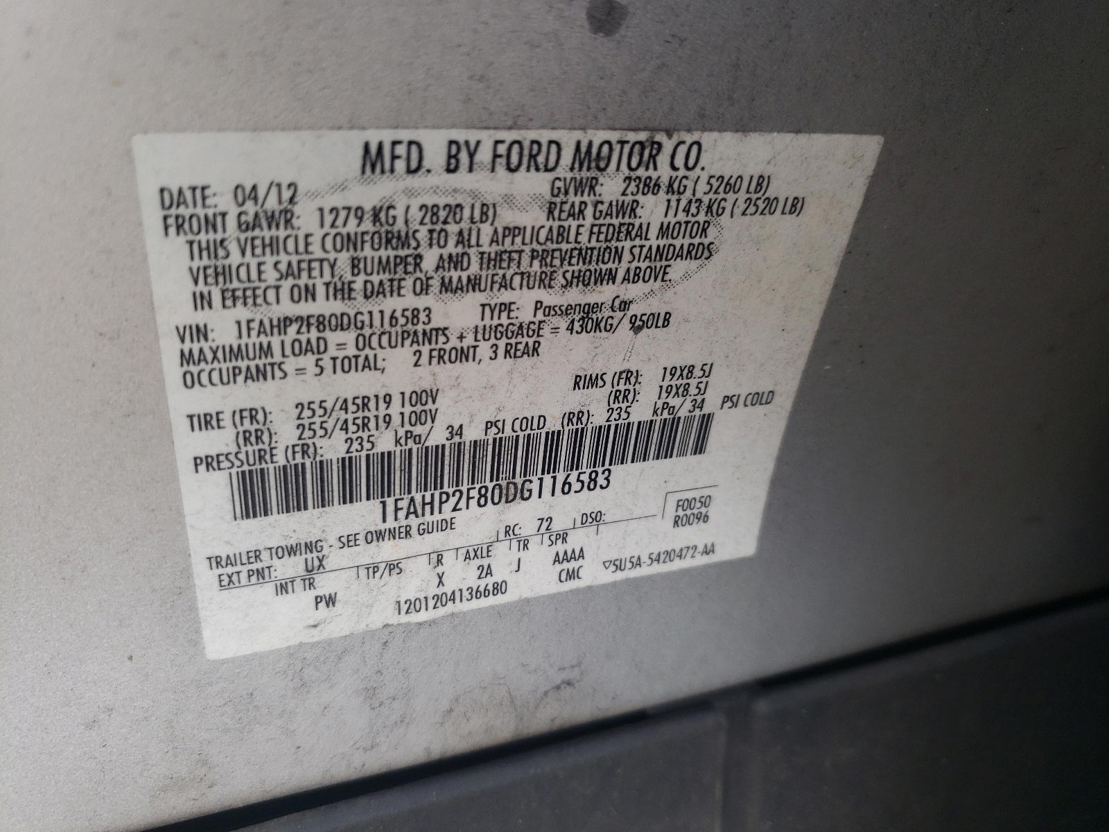 Photo 10 from auction – 2013 FORD TAURUS LIM with VIN 1FAHP2F80DG116583