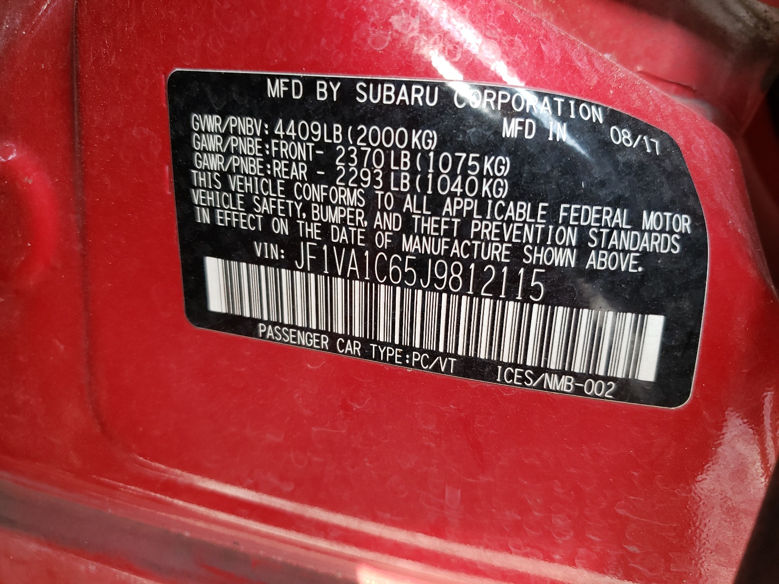 Photo 10 from auction – 2018 SUBARU WRX PREMIU with VIN JF1VA1C65J9812115
