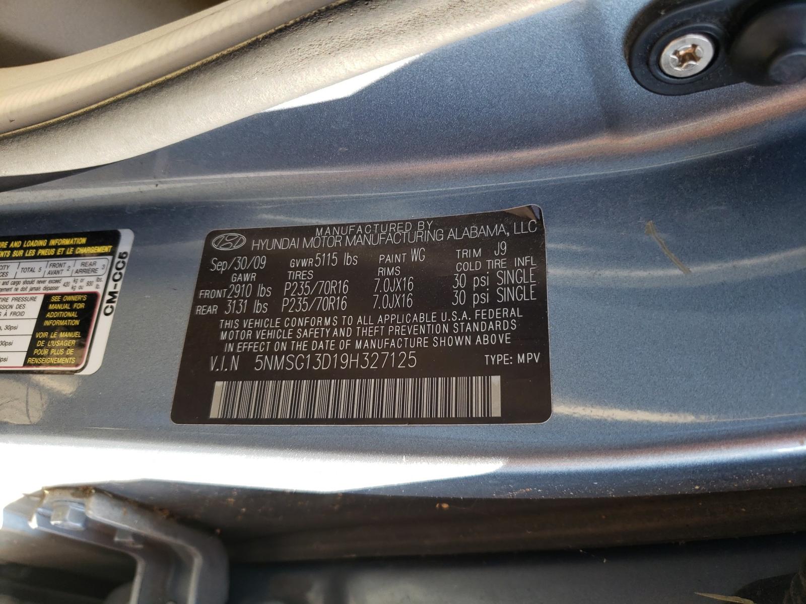 Photo 10 from auction – 2009 HYUNDAI SANTA FE G with VIN 5NMSG13D19H327125