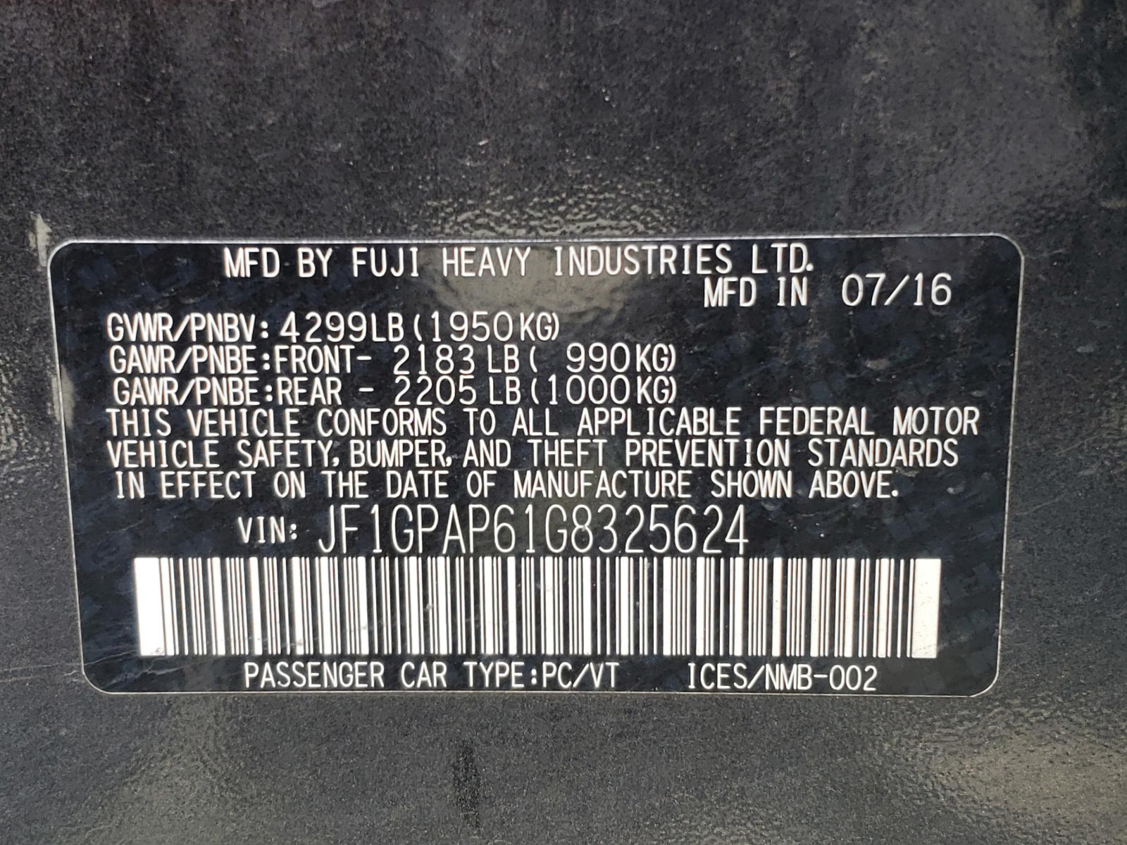 Photo 10 from auction – 2016 SUBARU IMPREZA SP with VIN JF1GPAP61G8325624