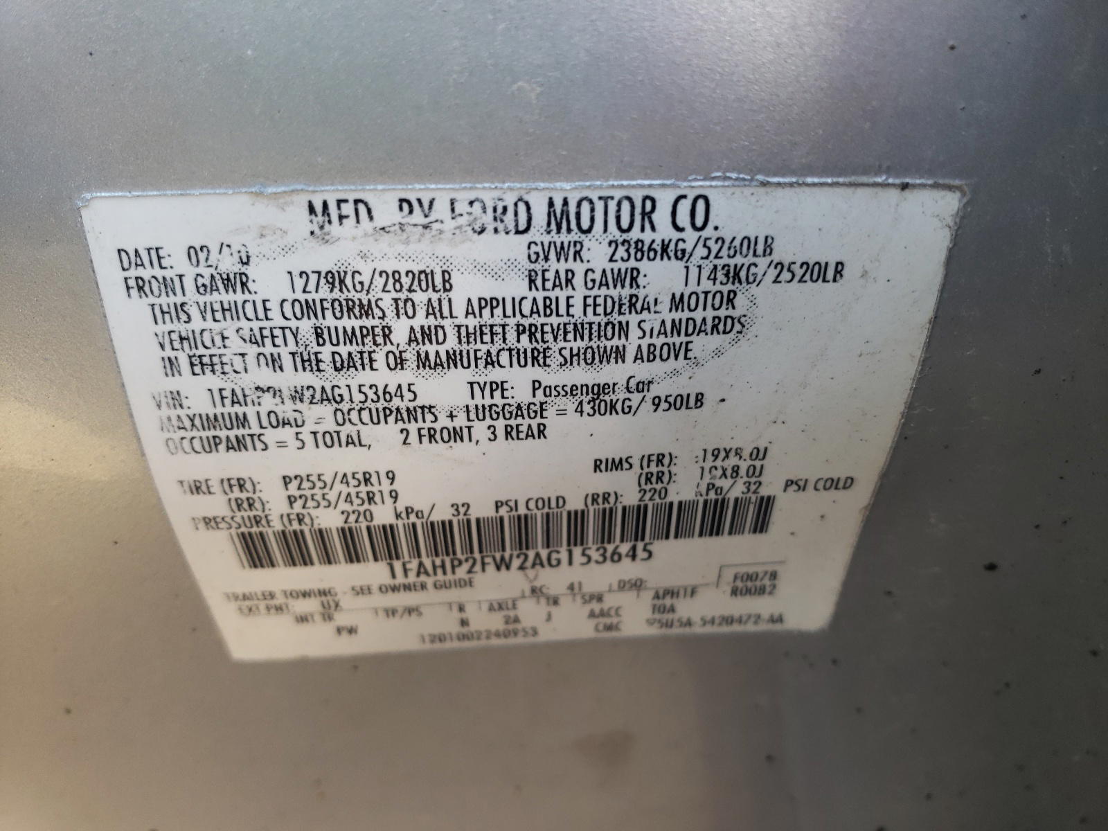Photo 10 from auction – 2010 FORD TAURUS LIM with VIN 1FAHP2FW2AG153645